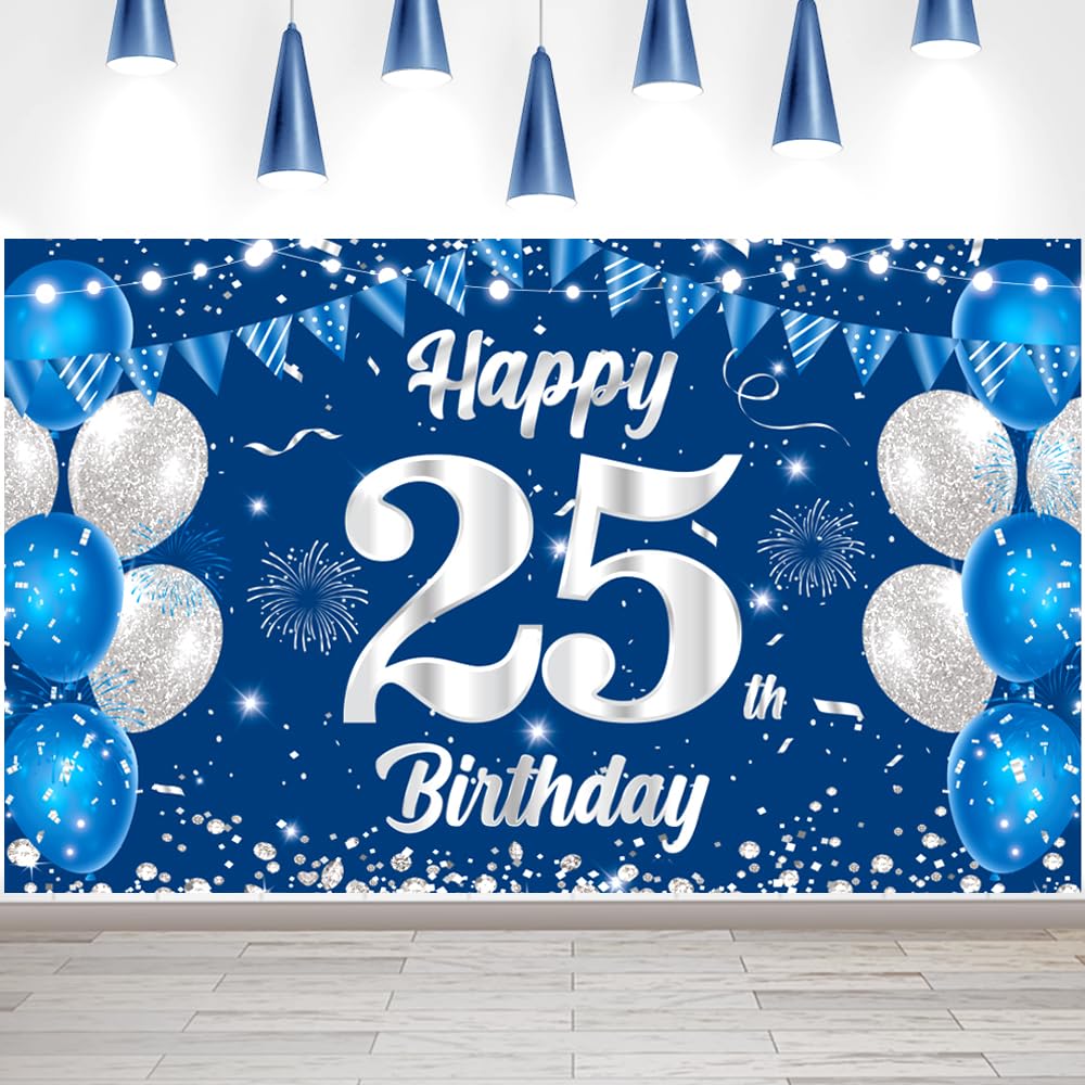 Happy Birthday Backdrop Banner Boys Girls 25th Birthday Decorations Blue and Silver 25th Party Decor Supplies Outdoor Indoor Decoration Banner Background Poster Photo Booth Props Supplies