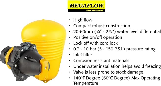 Jobe Valves J-MFV0100DLT Megaflow Trough Valve 1 NPT, 200 L/Min High Flow, 150 PSI, Detachable Base with Long Tail, Float Operated Water Valve for Livestock Troughs & Tanks, Yellow/Black