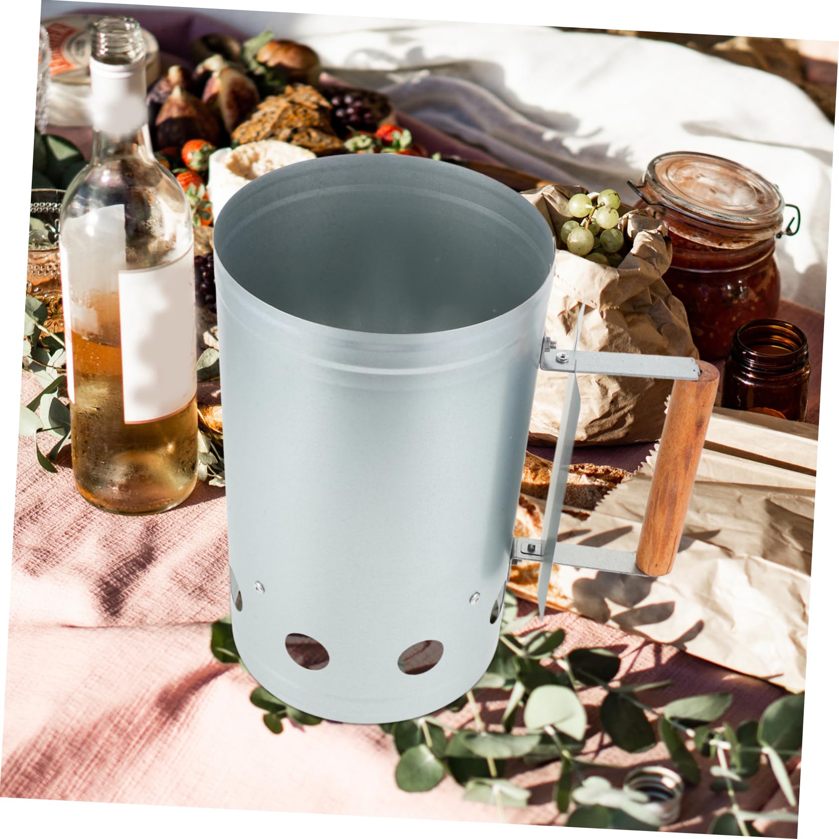 Accenditore Carbone Barbecue in Acciaio Inox con Manico in Legno | Argento, Design Portatile e Leggero, per Picnic e Grigliate All'aperto