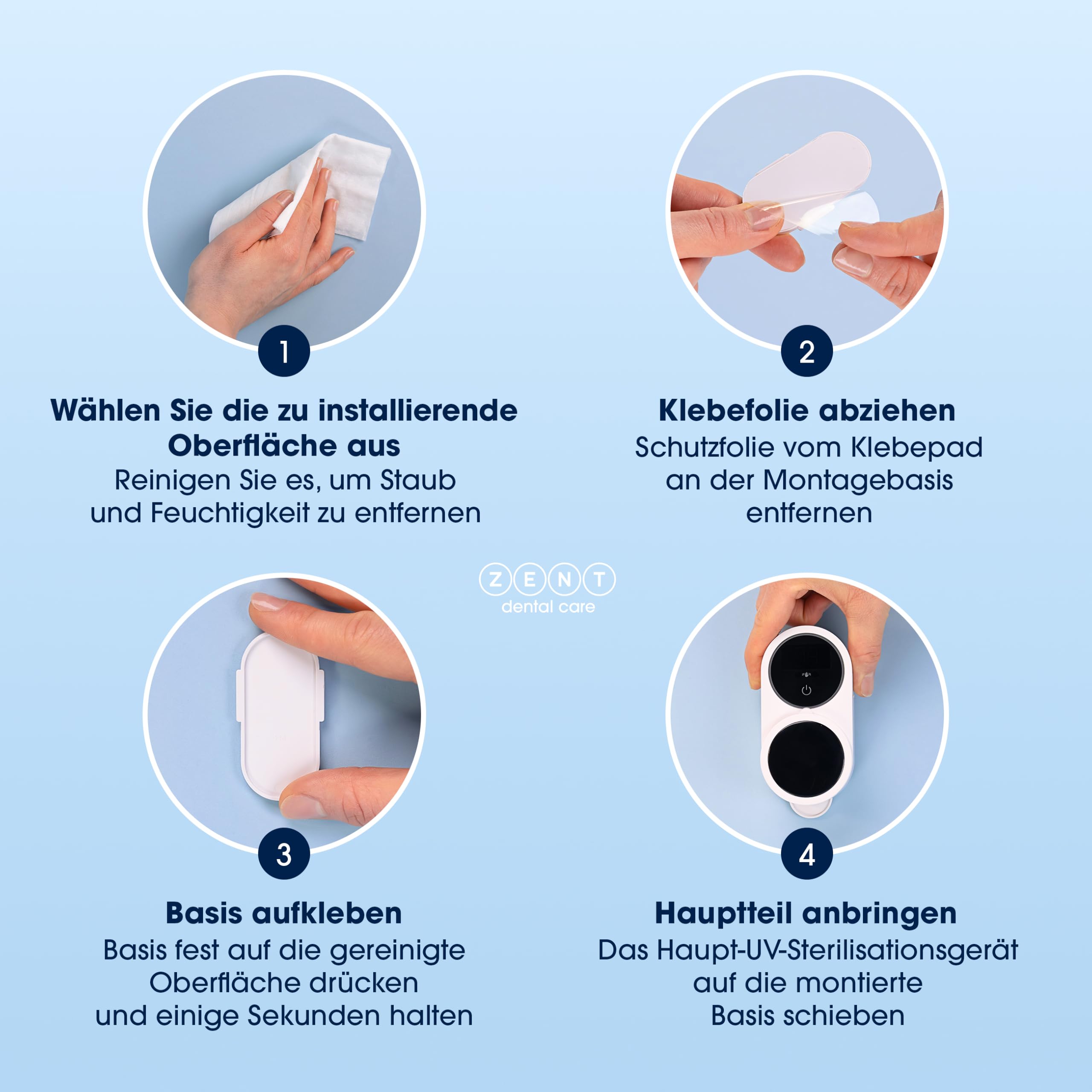 ZENT Zahnbürsten Sterilisator - Doppelte Desinfektion UV-C und UV-A | Zahnbürstenhalter mit Desinfektion - Wandmontage ohne Bohren - Robuste Batterie bis zu 50 Tage