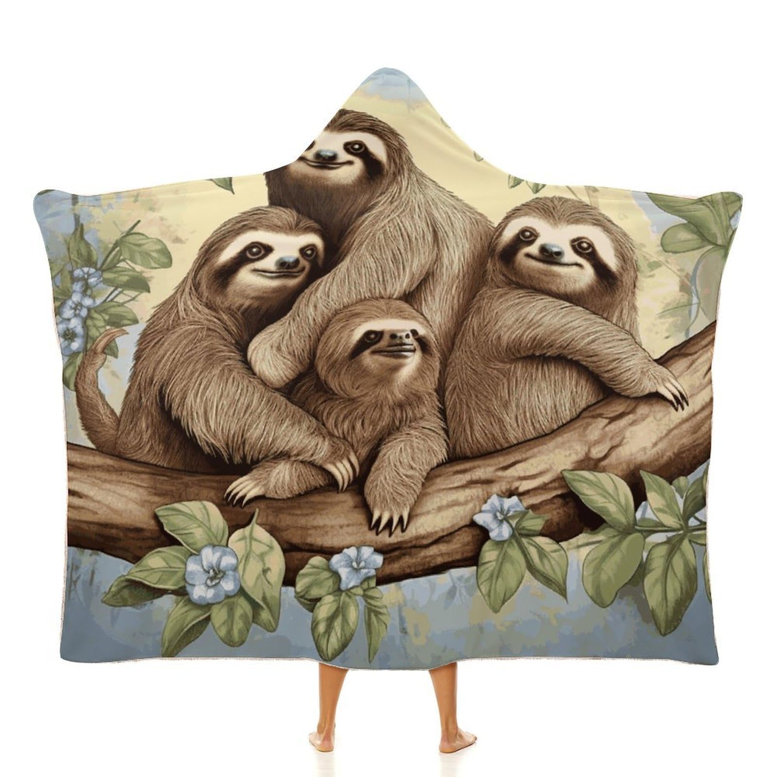Sloth Family Hooded Blanket Soft Wearable Blankets Cozy Hoodie Throw Cloak Wrap Poncho Cape Blanket 40"x50"