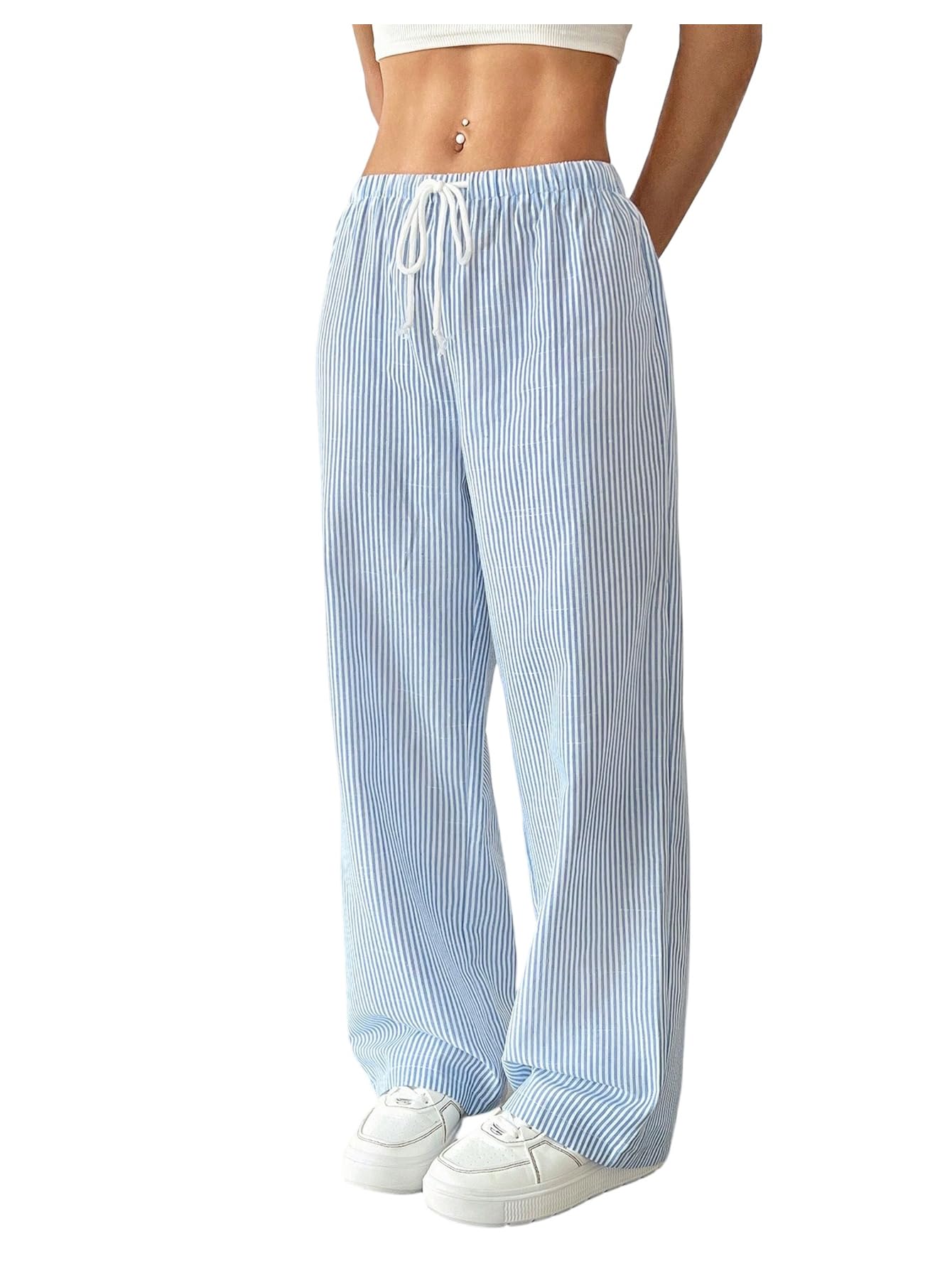 Milumia Womens Striped Wide Leg Low Rise Linen Pants Drawstring Elastic Waist Long Trousers with Pockets