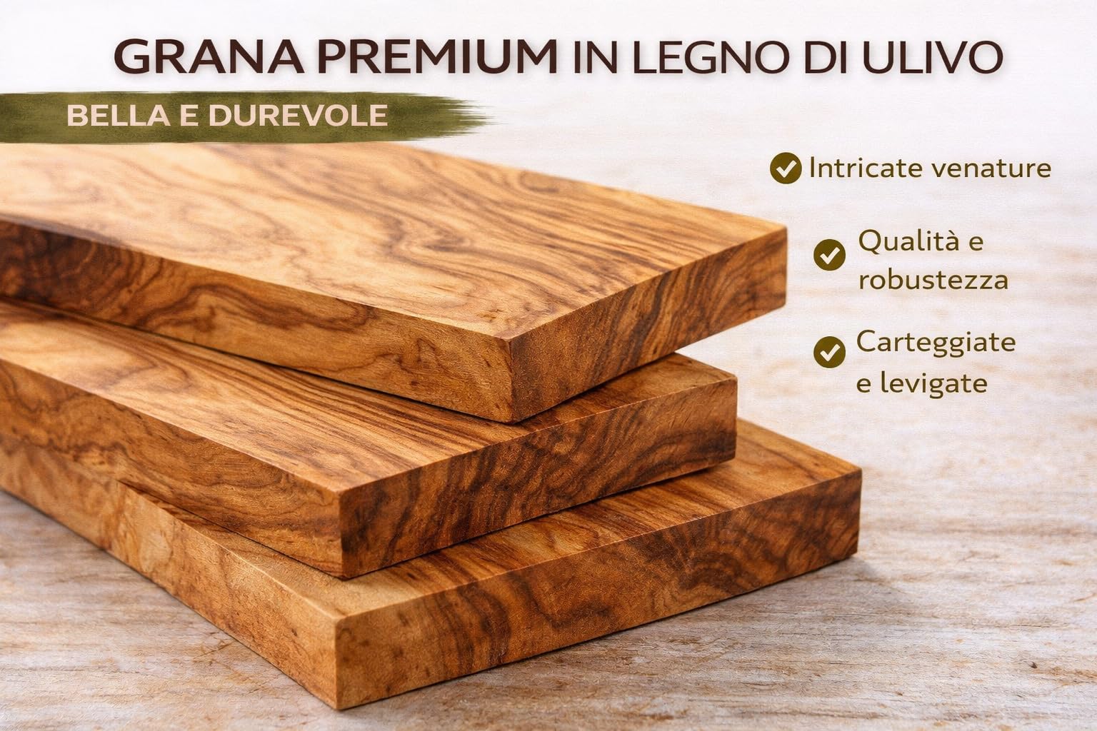 Blocchi in Legno di Ulivo Set da 3 – 5x15x1 cm – Legno Grezzo per Intaglio, CNC, Incisione, Pirografia e Fai da Te – Ideale per Manici Coltelli e Artigianato