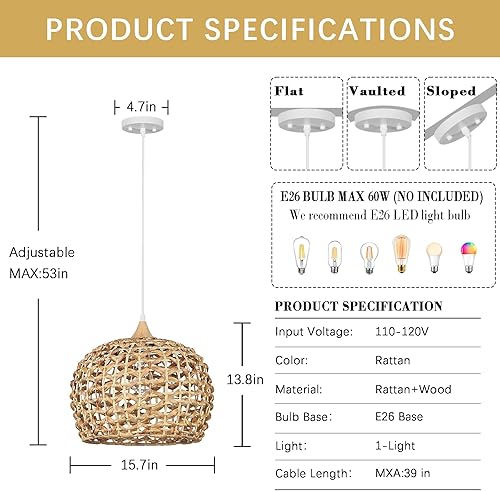 Miniatura 6 de Luces colgantes bohemias, 15.7 pulgadas, lámpara colgante de mimbre tejida a mano con pantalla de jacinto de agua, cúpula costera colgante para