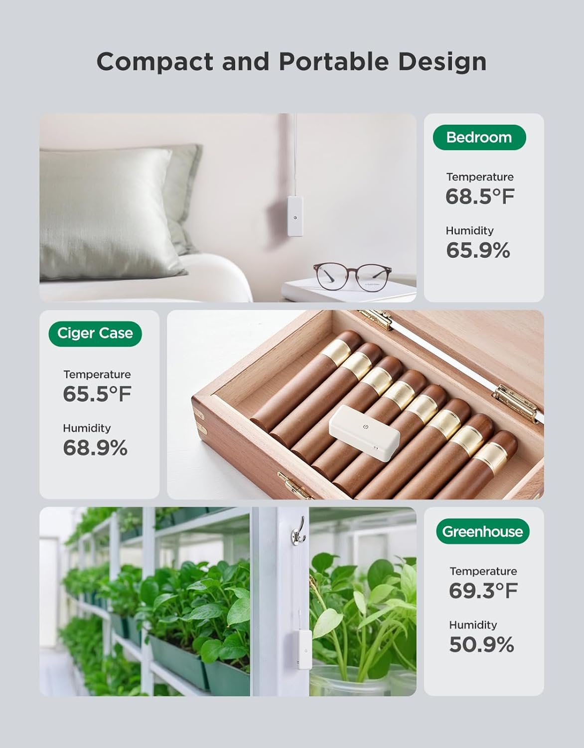 Three scenes showing GoveeLife sensors in a bedroom, a cigar case, and a greenhouse, displaying temperature and humidity readings for each.