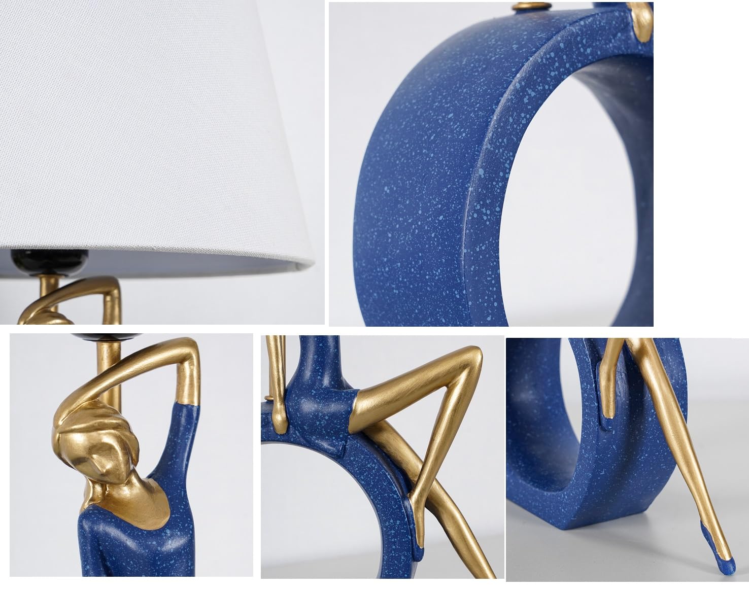 Lámpara de mesa decorativa, 48,3 cm, lámpara de mesa nocturna moderna con pantalla de lino, base de resina azul y dorada, luminaria LED incluida
