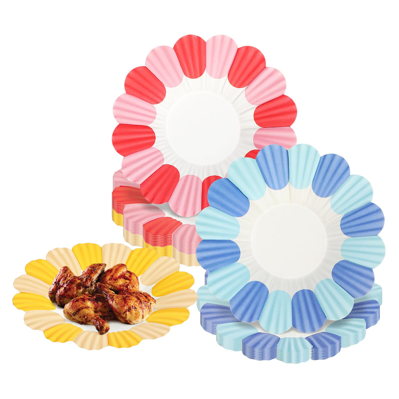 Assiettes jetables papier forme de fleur rouge jaune bleu pour dessert et fête | 150 pcs