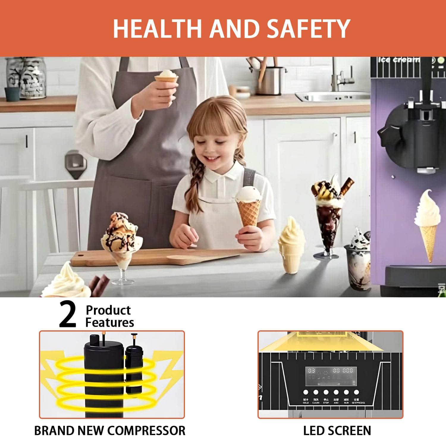 Máquina de Helados de Servicio Suave, encimera 3.5L, 4-5 L/H, Sistema de refrigeración por Aire con Panel led, Ideal para restaurantes y Tiendas