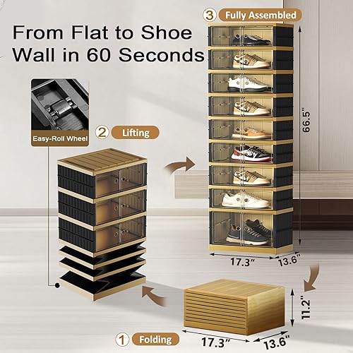 Miniatura 3 de Zapatero portátil organizador de 9 niveles y 18 pares de zapatos plegable, cajas de almacenamiento de zapatos plegables con puertas magnéticas,