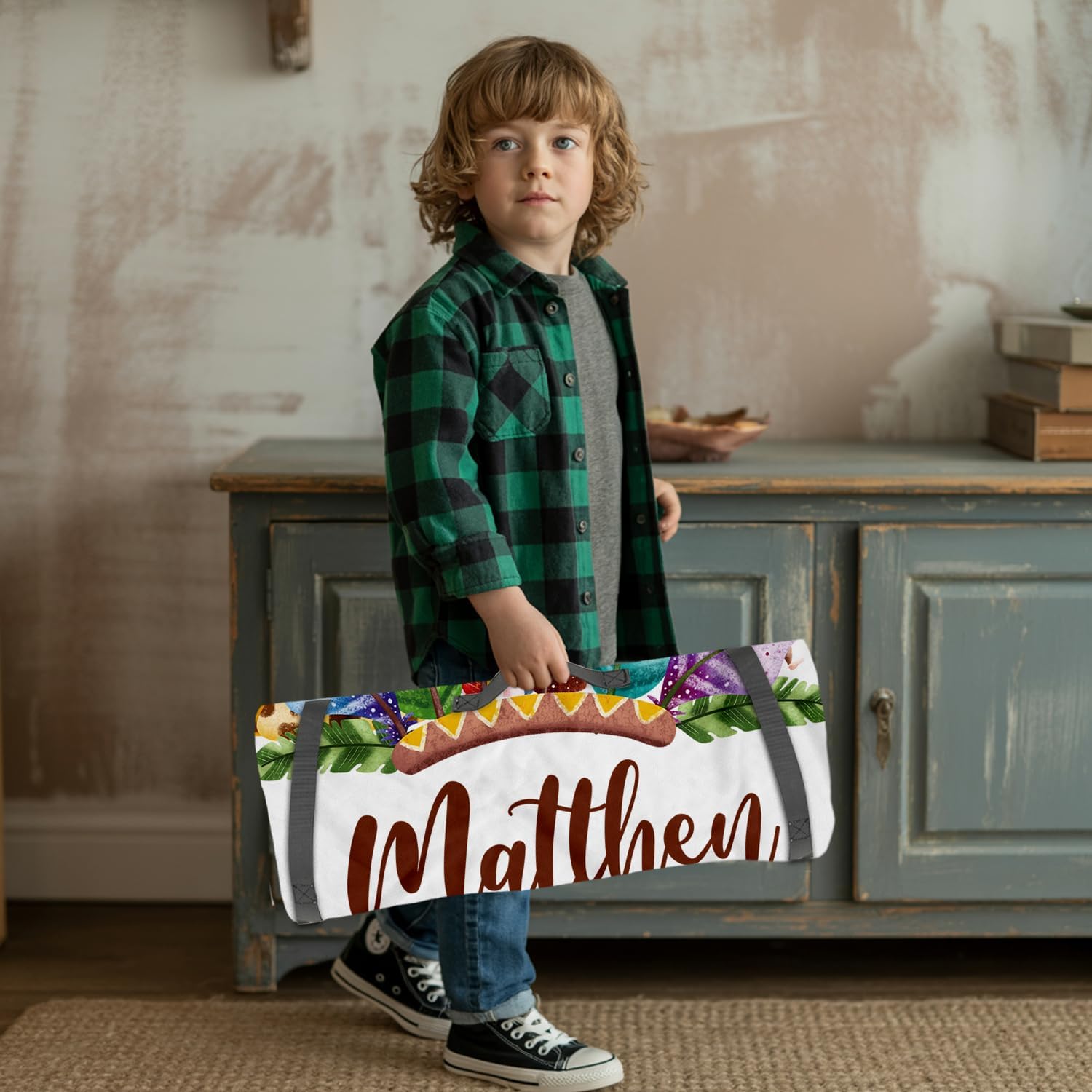 Custom Toddler Nap Mat for Preschool, Personalized Name Animal Tribe Theme Sleeping Mats for Daycare, Kids Cot Nap Mat with Pillow and Blanket, Roll Up Slumber Bags for Boys Girls