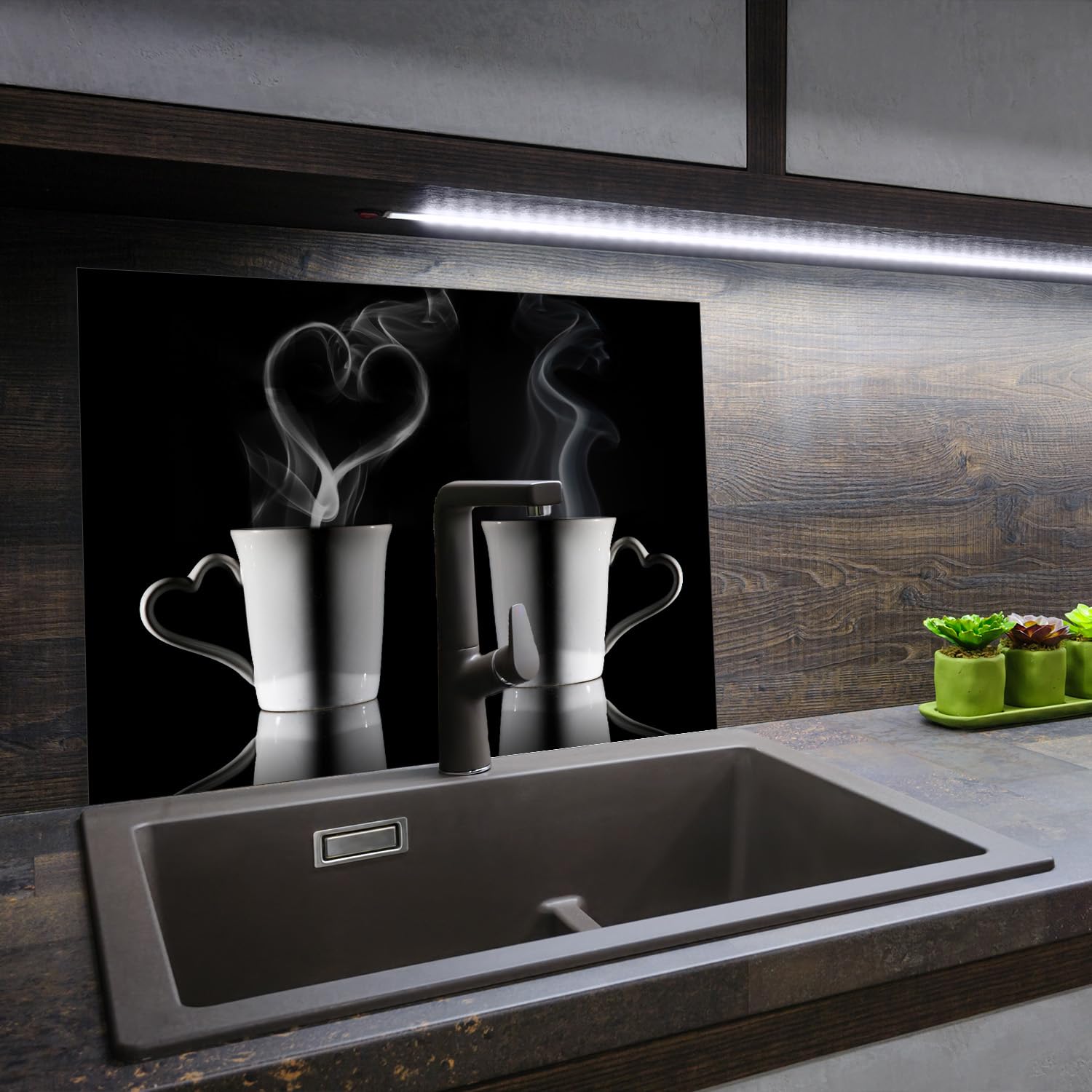 SmartDecoration Płyta ochronna na kuchenkę ze szkła 70 x 52 cm jednoczęściowa motyw "kawa" czarna (101820)