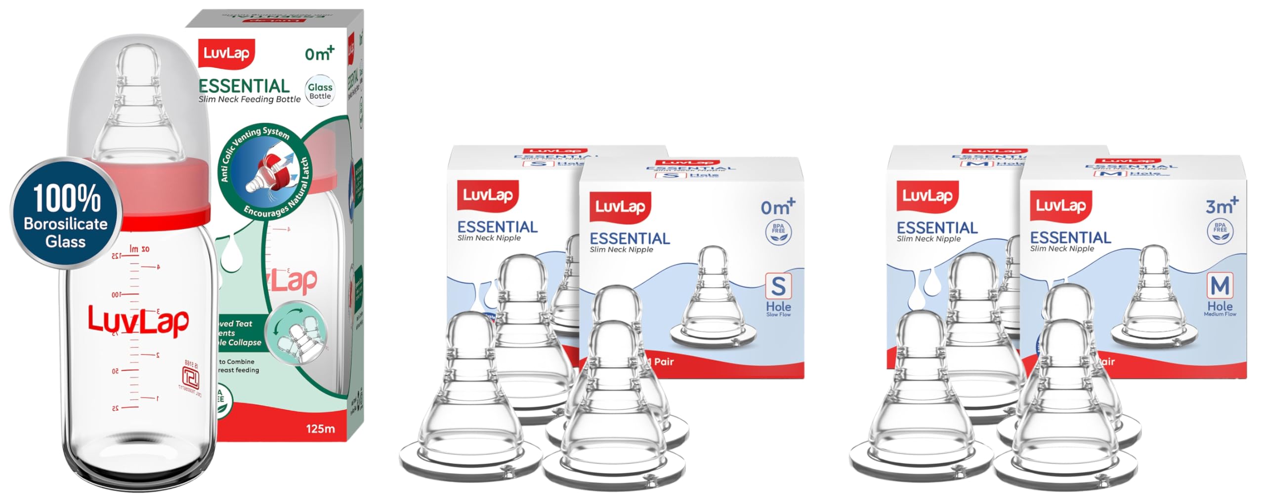 LuvLap Essential Slim Neck Glass Feeding Bottle, 125ml, White & Red, Pack of 1 & Anti-Colic Essential Teat/Nipple, 4pcs, Medium Flow, 3m+ & Anti-Colic Essential Teat/Nipple, 4pcs, Slow Flow-image-27