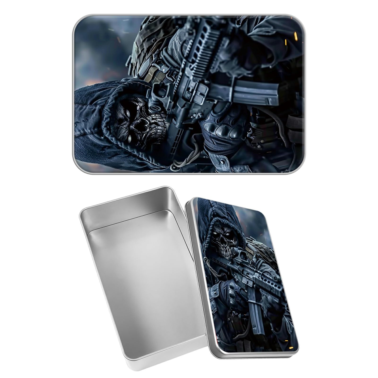 Rectangular Metal Tin Box with Removable Lid, Ghost Warrior Decorative Printed Metal Storage Container for Jewelry Pen Eraser Pill Candy Craft 4.9 x 3.54 x 1.57 inch– Single Pack
