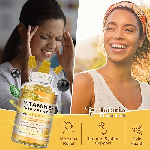 Miniatura 6 de Totaria Gomitas de vitamina B2, riboflavina sin azúcar, suplemento de 400 mg para adultos y niños con glicinato de magnesio 400 mg, COQ10 y saúco,