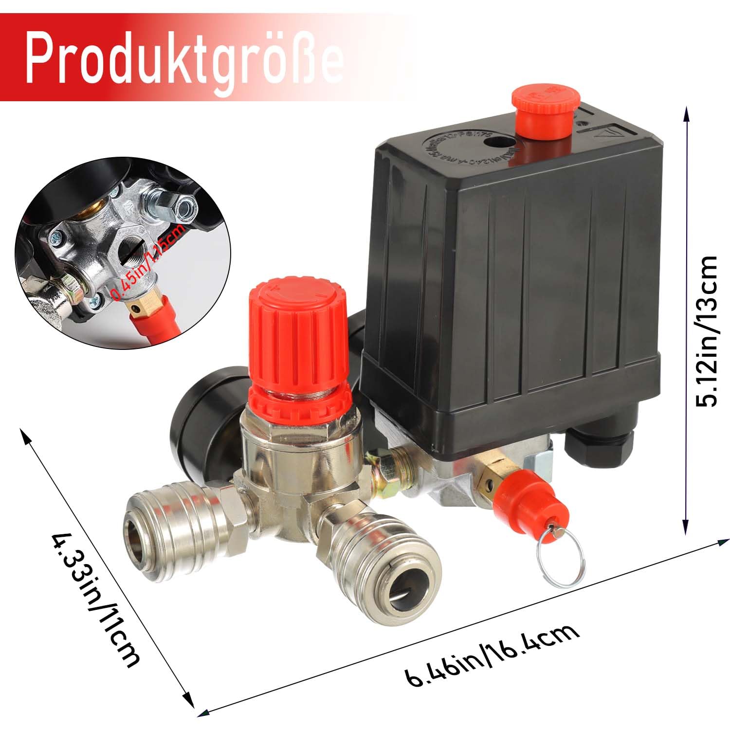 Pressostato per Compressore d'Aria con Regolatore di Pressione 220V, Manometro, Valvola di Sicurezza, Raccordi Rapidi G1/4", 90-120 PSI, Controllo Manuale ON/OFF