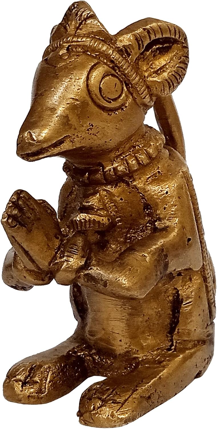 Purpledip Brass Statue Ganesha Vahana Mooshak: Collectible Idol Mouse in Namsate Greeting Pose (12262B)
