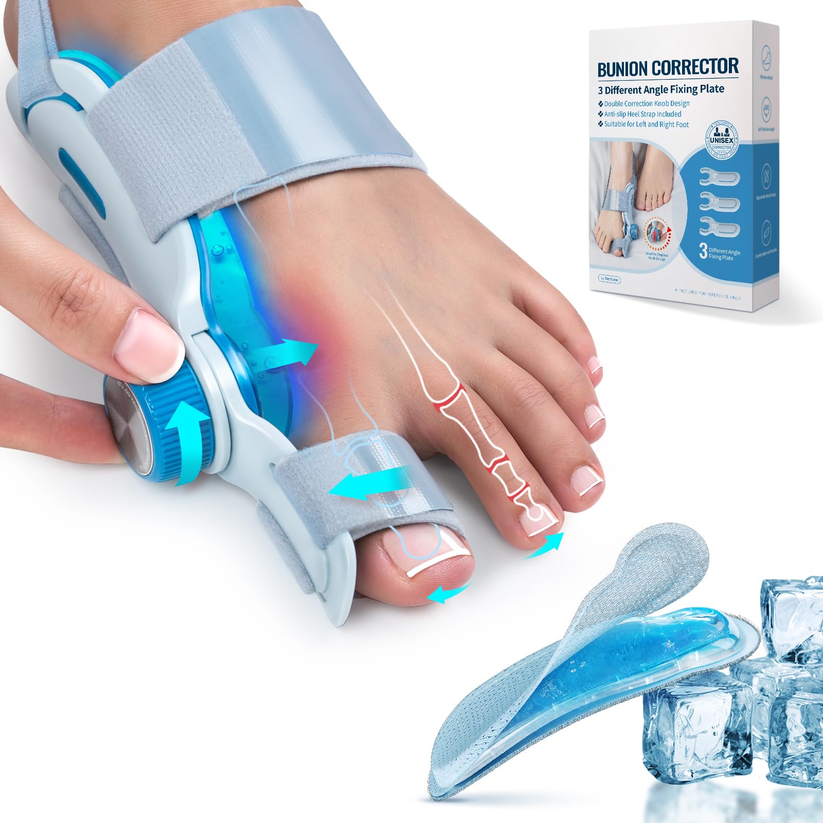 Tech Love Hallux Valgus Korrektur Fixierplatte Upgrade Kältekompresse Hallux Valgus Ballen Zehen Korrektor mit 3 Verschiedenen Befestigungswinkeln Schiene für Zehen Tag und Nacht Unisex Blau