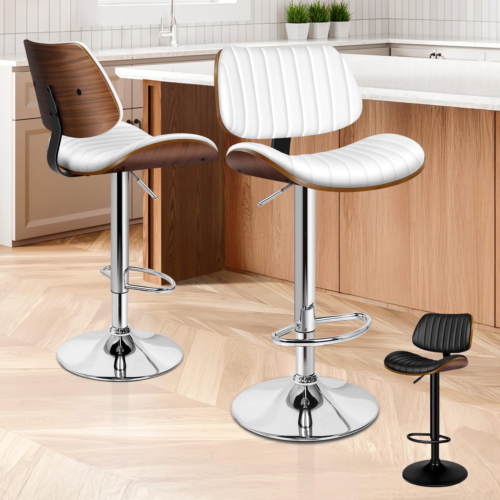 ALFORDSON Bar Stools Set of 2, Adjustable Swivel Bentwood Barstools, Modern PU Leather Upholstered Kitchen Chair with Back and Footrest, for Kitchen Island, Dining Room, Home Pub Countertop, White