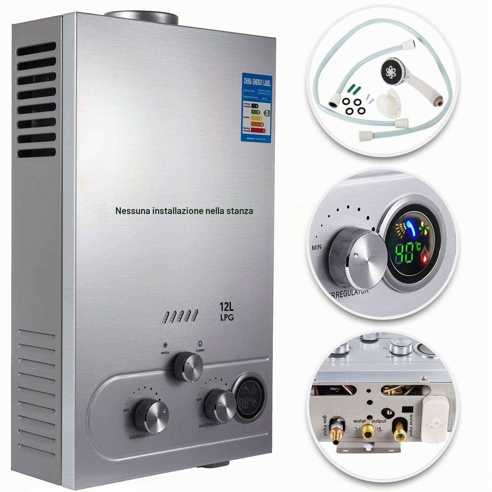 12L Scaldabagno a Gas GPL con Modalità Inverno ed Estate Caldaia a Gas GPL da 24 kW a Parete senza Serbatoio Scaldacqua Istantaneo Automatico con Anima in Rame e Display a LED