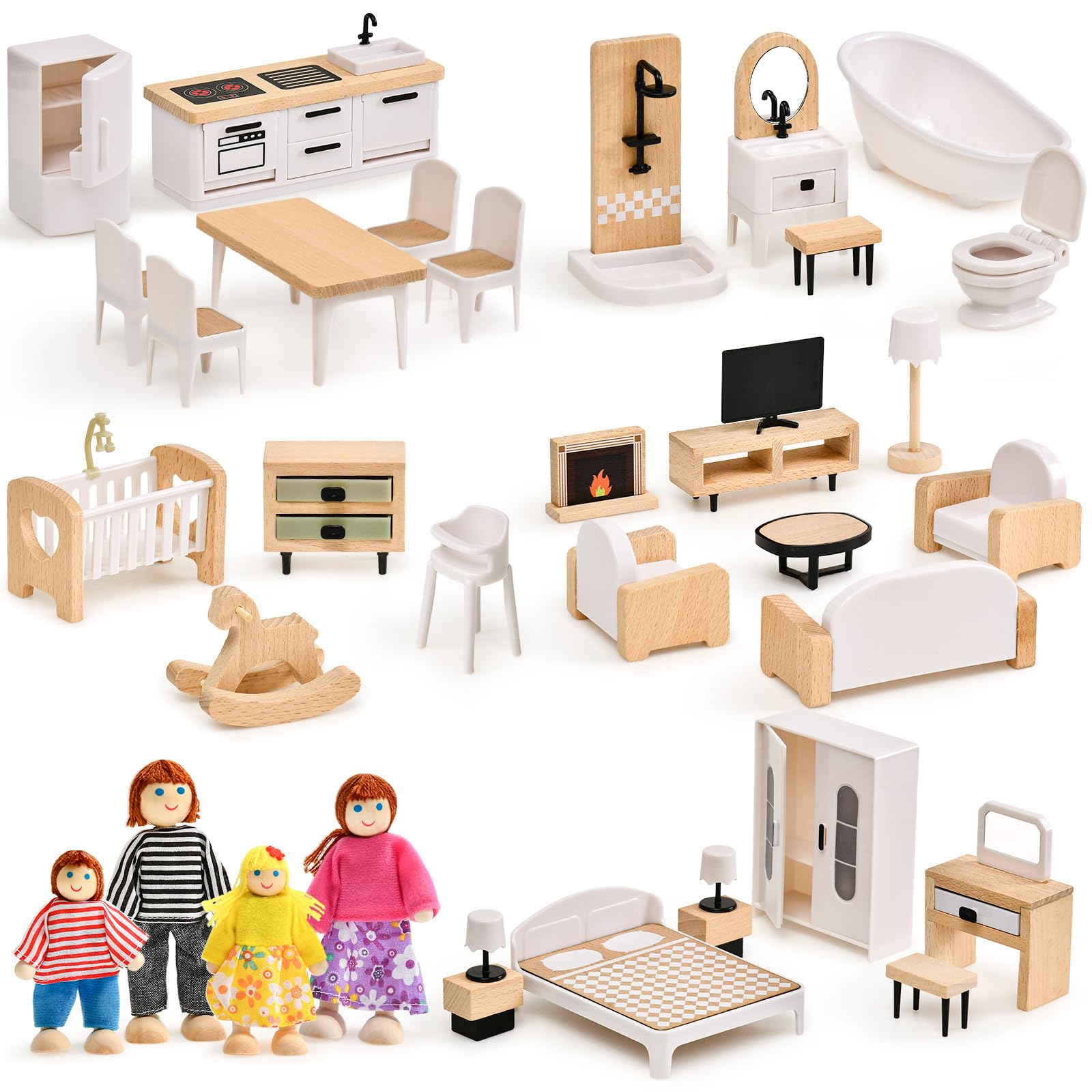 Atoylink Wooden Dolls House Furniture Set, 36pcs Beech Wood and Plastic Dolls House Accessories with 5 Set Rooms & 4 Family Doll, Pretend Play Furniture Toys Gift for Boys Girls 3 4 5 6 7 Years Old