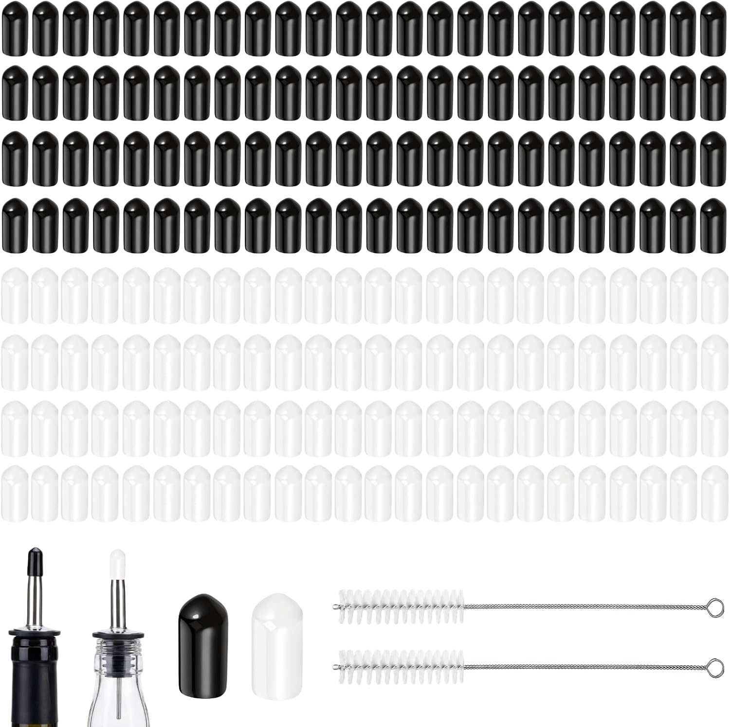 200PCS Liquor Pour Spout Covers, Pourers Dust Covers for Olive Oil Bottle Caps, Bulk Spout Cover with Cleaning Brushes, Bar Wine Kitchen, Black White