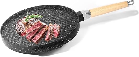 NAMAI - Bistecchiera Antiaderente Pietra, 32CM, Alluminio Pressofuso, Adatta In Lavastoviglie, Lati Grill e Liscio, Padella Manico Removibile in Legno, No Induzione, Made In Italy