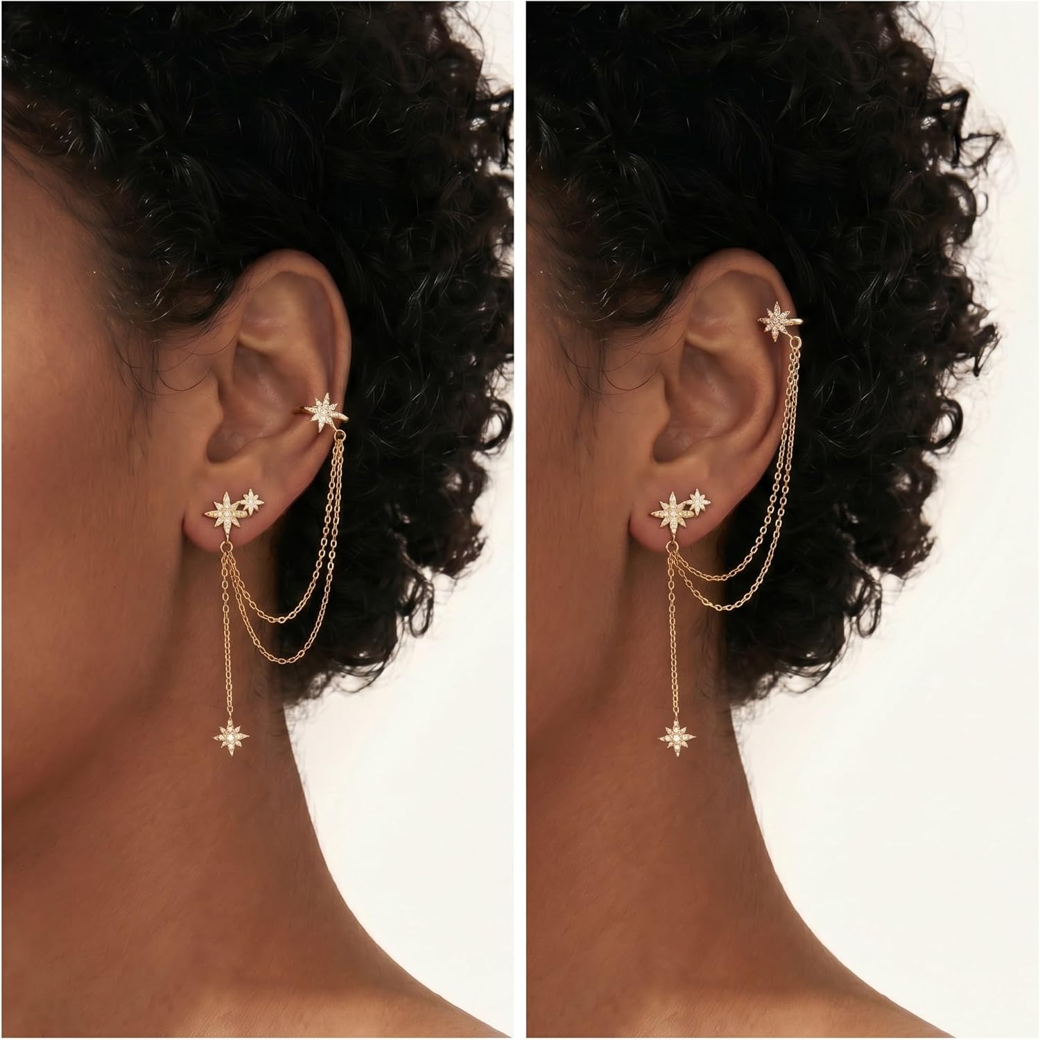 SLUYNZ 925 Sterling Silver Fashion Star Cuff Earring Chain for Women Star Crawler Earring Wrap Earrings