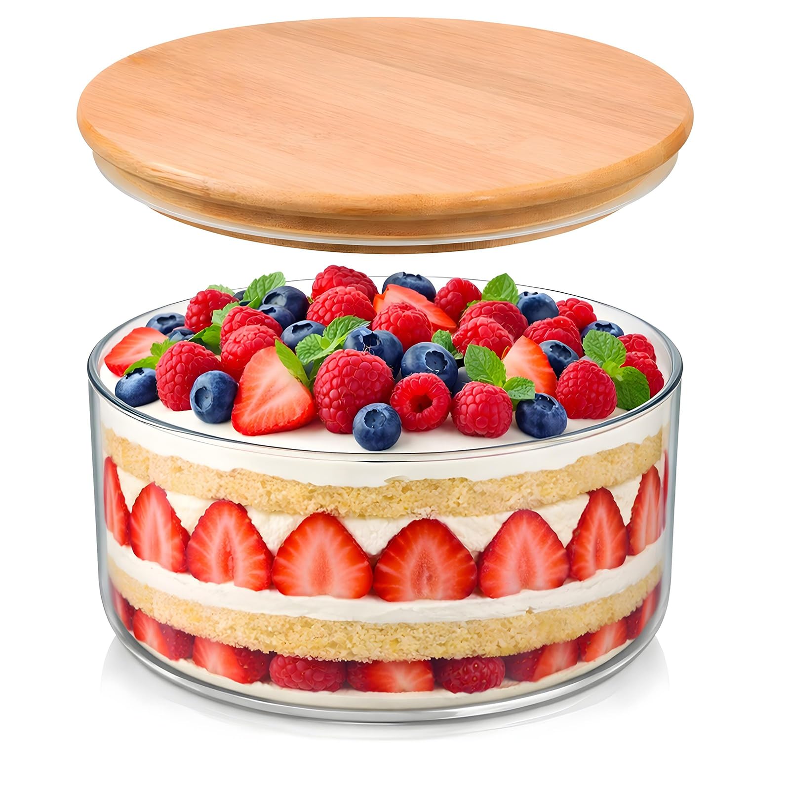 Photo 1 of 104oz/3L Glass Trifle Bowl with Bamboo Lid, Modern Design Clear Glass Large Dessert Serving Bowl, Clear Round Thickenglass Trifle Container with Airtight Lid, for Cakes, Fruit, Salad, Parfaits, Yogurt