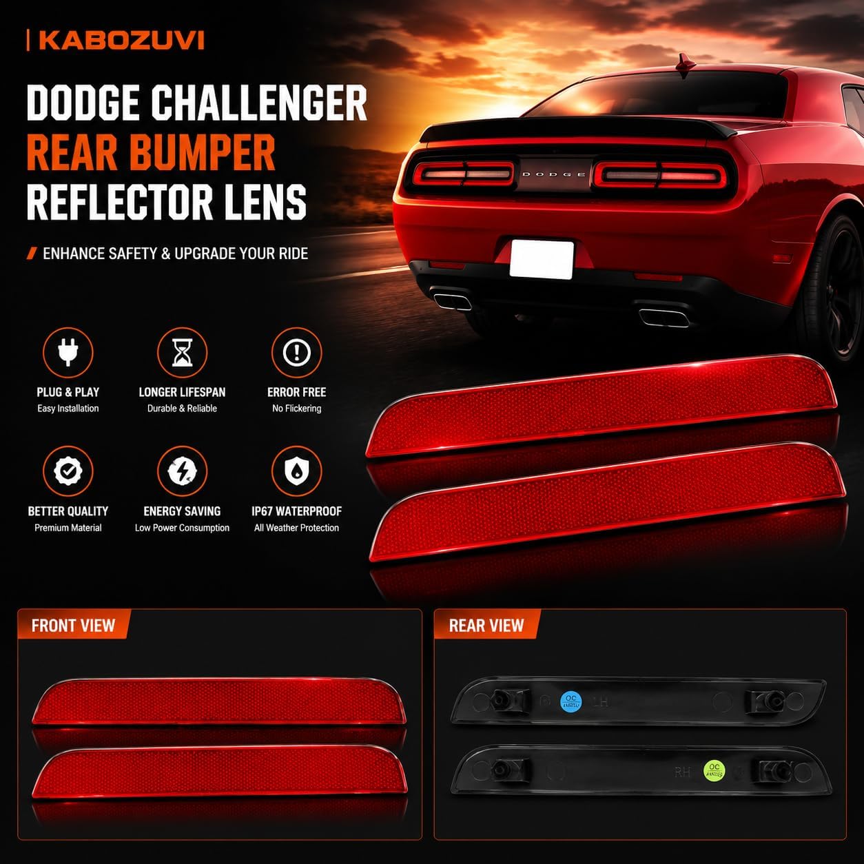Red Lens Rear Bumper Reflectors for 2015-UP Dodge Challenger Rear Reflector