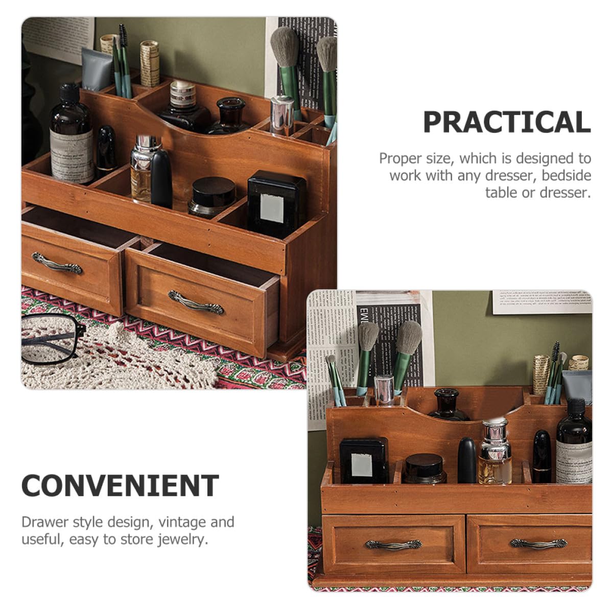 Tofficu Vintage Schmuckaufbewahrung Vintage mit 2-gitter Schubladendesign Großer Stauraum und Flexibler Schreibtisch Organizer für Make Up und Schmuck