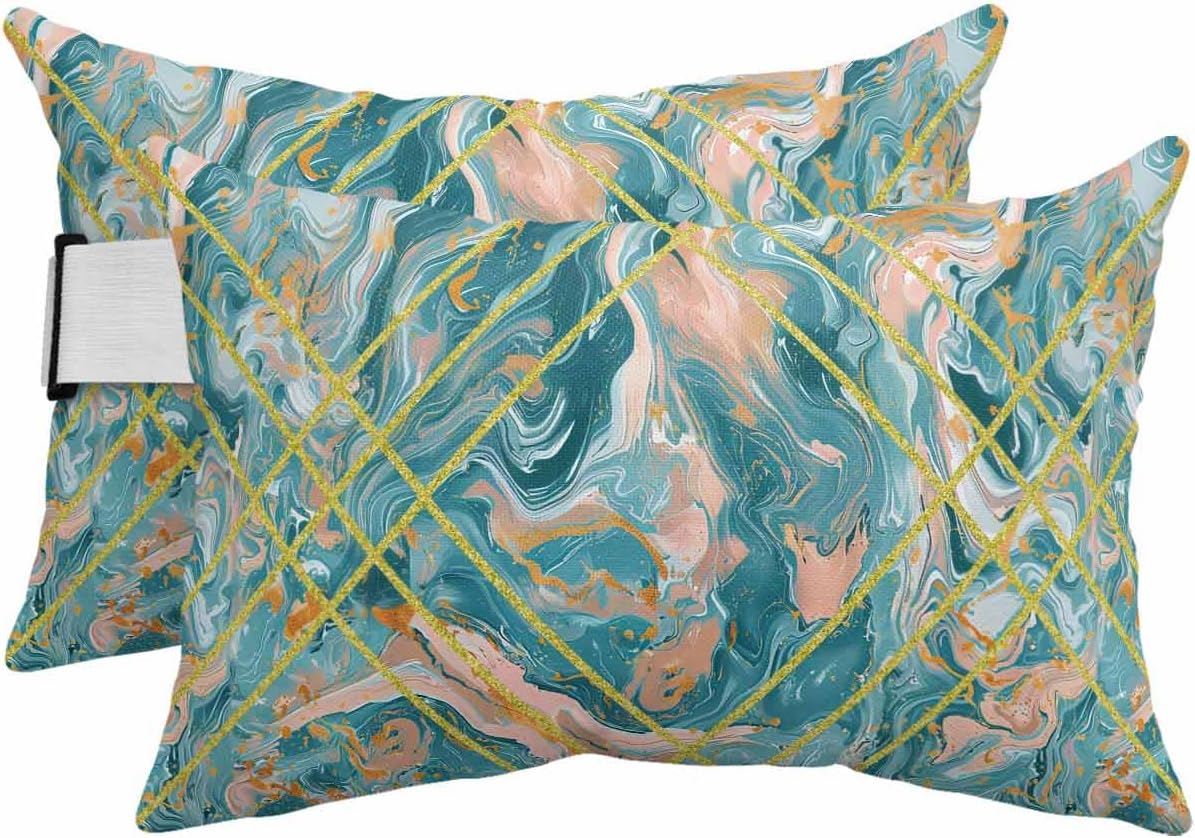 Pack of 2 Turquoise Lumbar Pillow Covers, Outdoor Waterproof Throw Pillow Covers Set, Modern Geometric Marble Abstract Art Decorative Cushion Case for Patio Beach, 12x20 Inch