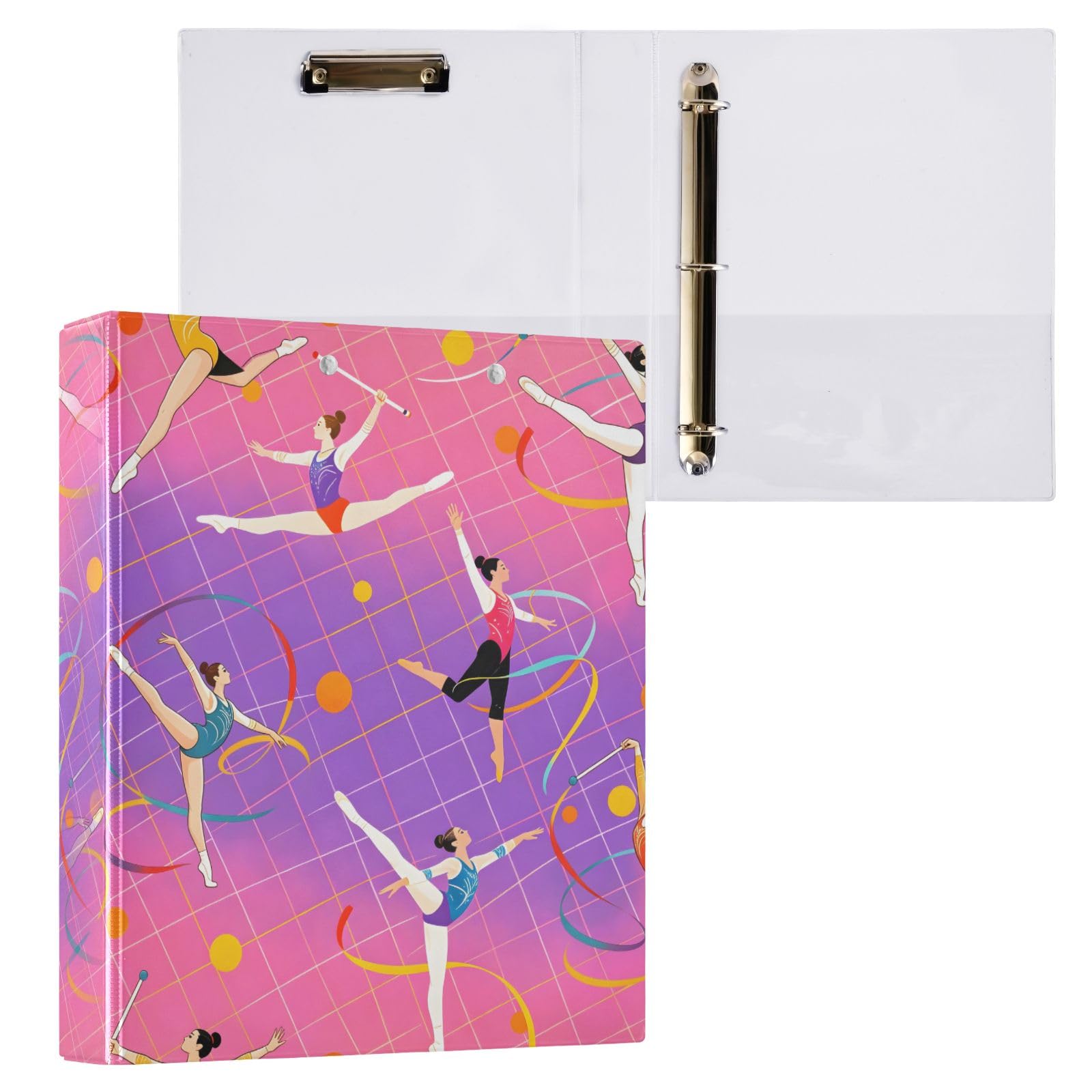 Raccoglitore a 3 anelli, motivo ginnastica ritmica, 3,8 cm, anelli rotondi per 200 fogli, 3 raccoglitori ad anelli con clip in metallo antiscivolo