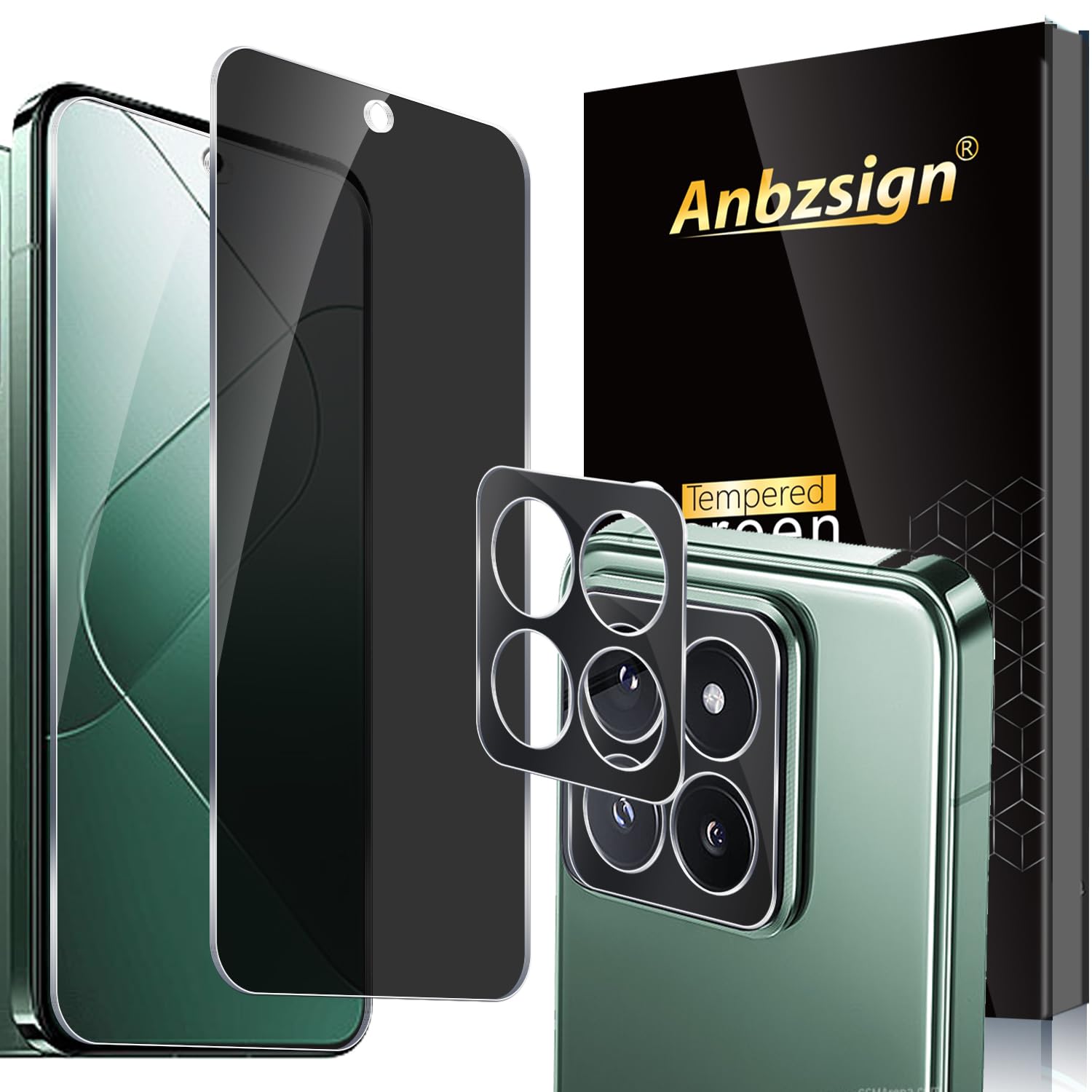 Anbzsign [2+2 Pack for Xiaomi 14 Privacy Tempered Glass Screen Protector and Camera Lens Protector, Anti-Spy 9H Hardness Case Friendly Film for Xiaomi