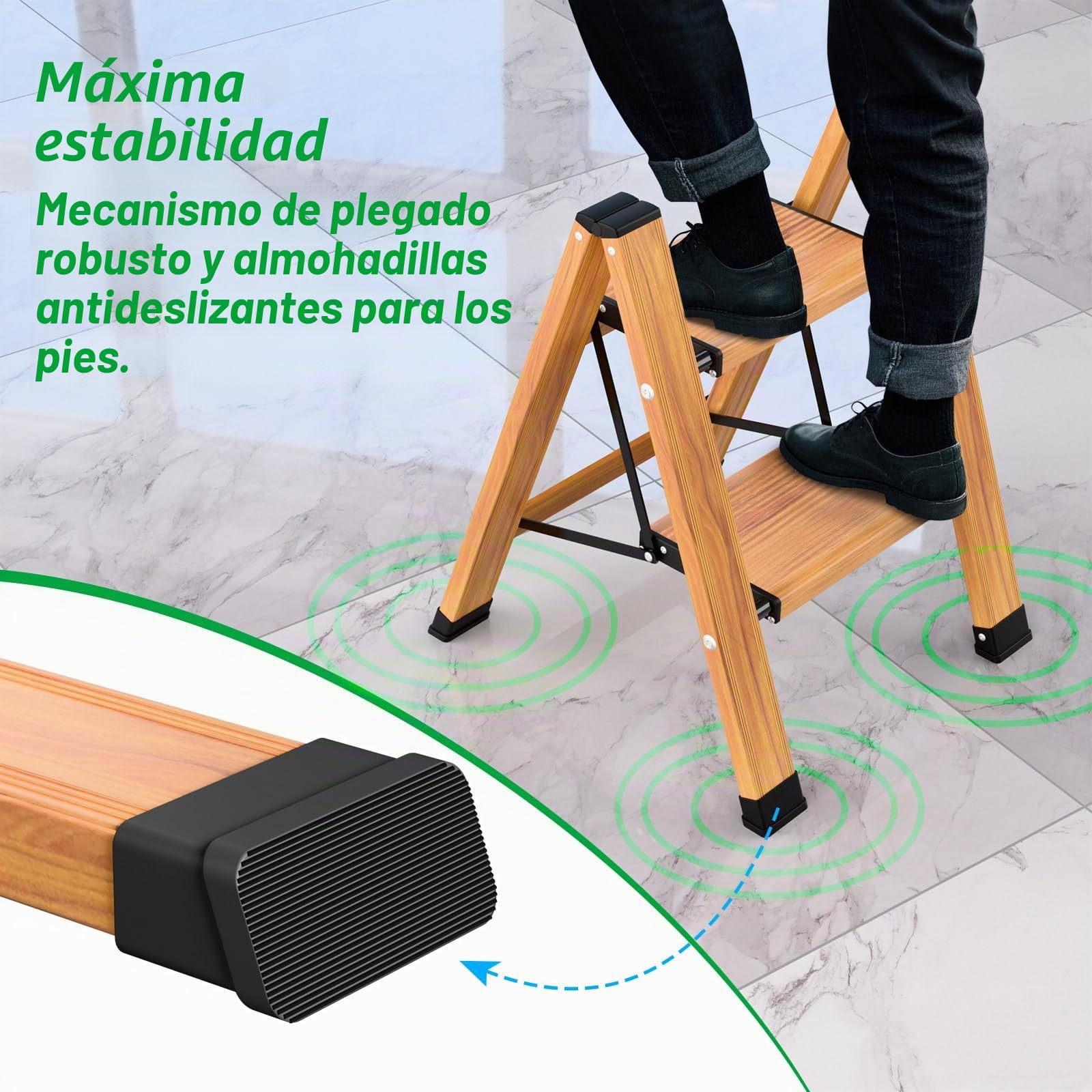 Escalera plegable de aluminio de 2 peldaños, antideslizante, escalera multifunción portátil con diseño de vetas de madera, soporta hasta 150 kg para cocina, baño y camping