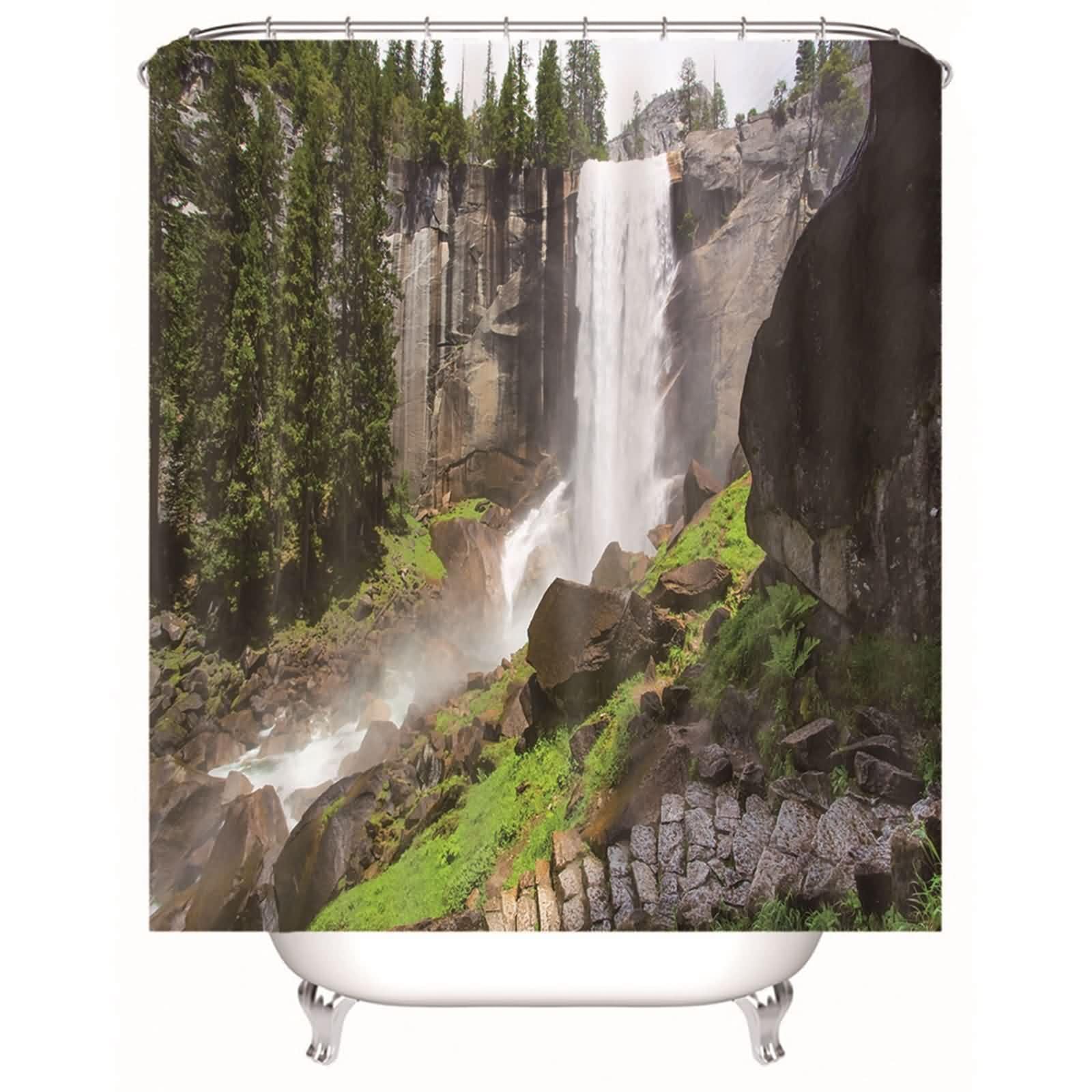 Rideau de douche textile multicolore, motif cascade montagne, rideau de salle de bain, tissu polyester, résistant à la moisissure, lavable, avec anneaux de rideau de douche