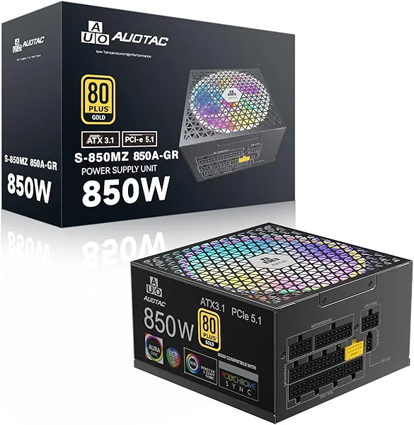 Auotac 850W Fully Modular Power Supply 80+ Gold Certified with 12V-2x6 Cable – ATX 3.1 & PCIe 5.1 Compliant, 140mm RGB Low-Noise Smart Fan, 105℃-Rated Capacitors, Black