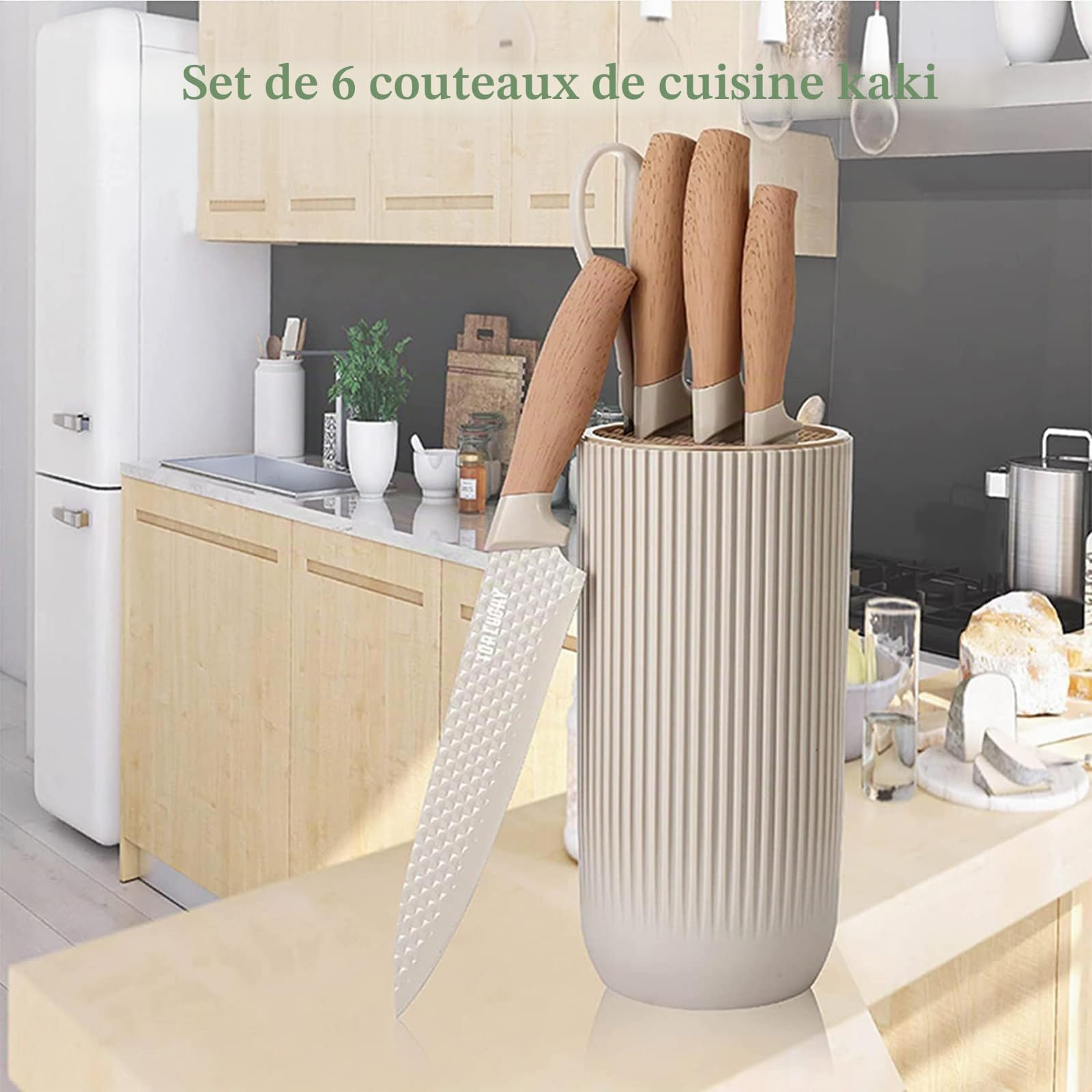 JUSTUP Ensemble de couteaux 6 pièces - Bloc de couteaux de cuisine en acier inoxydable anti-adhésif de couleur kaki - Ensemble de couteaux de chef universel adapté pour la maison, le restaurant et le