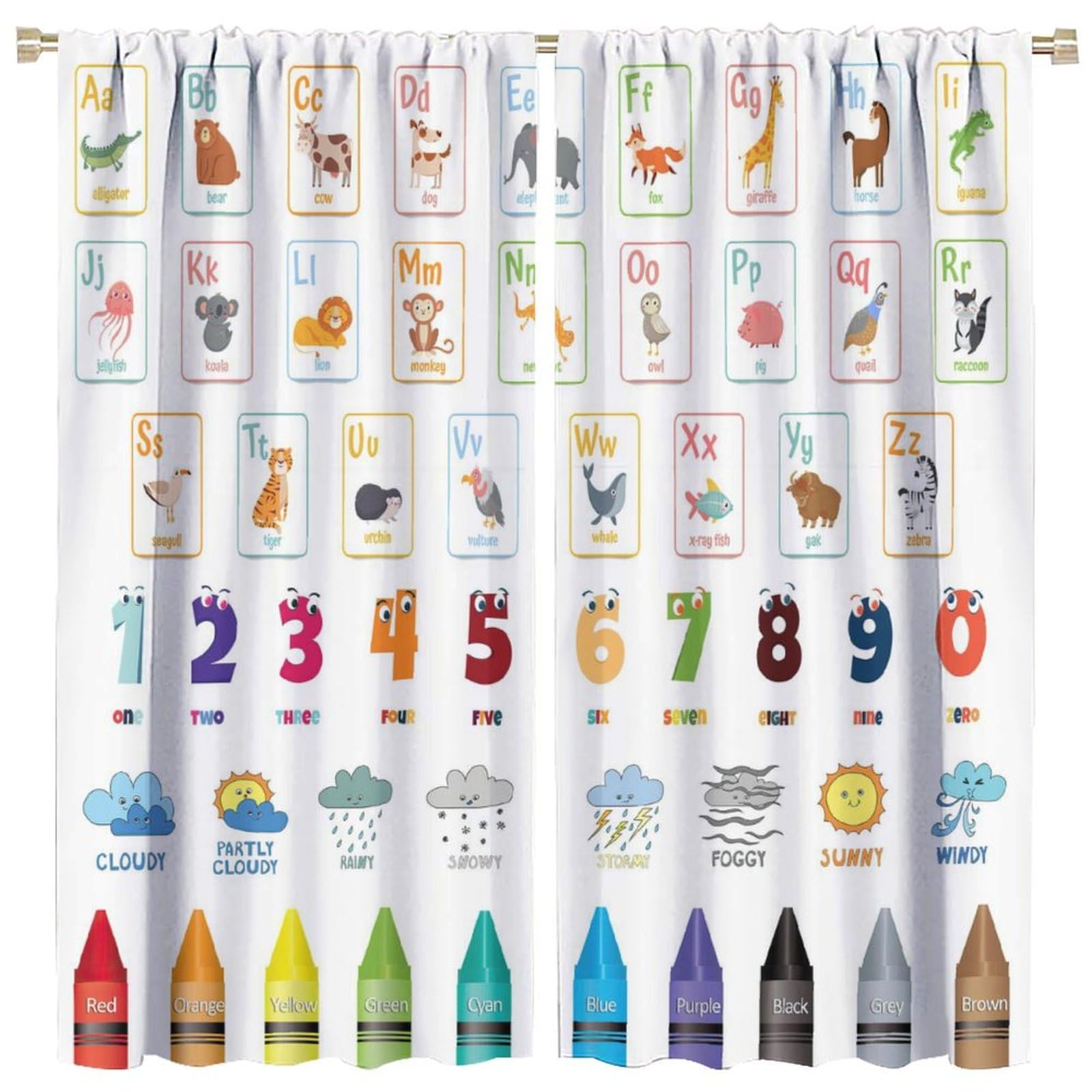 Kids Alphabet ABC Decor Curtains, Children Boys Girl Cartoon Animal Funny Colorful Crayon Bedroom Window Drapes Classroom Printed Living Room Window Treatment 21(W)*45(L) 2 Panels (Decorative)