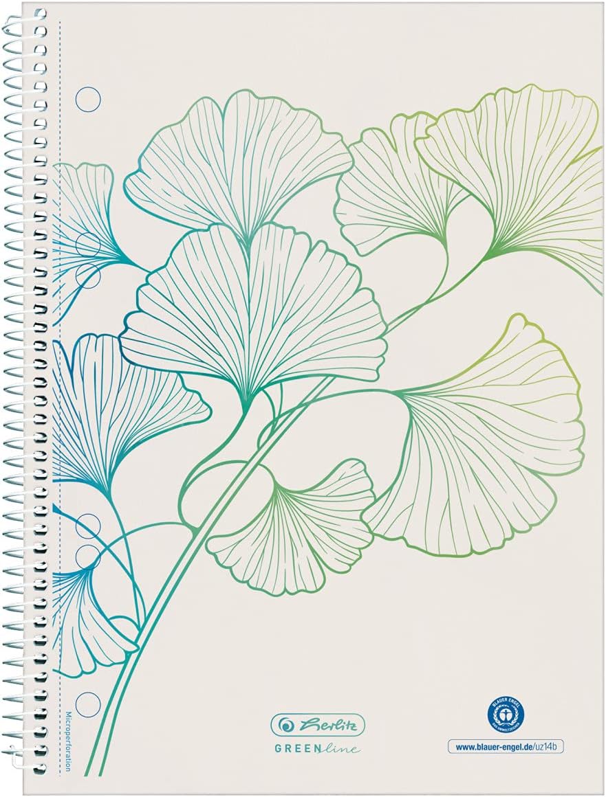 Herlitz Greenline Ginkgo Spiral Pad A4 70 Sheets Squared with 2 Margins Pack of 5 50033485