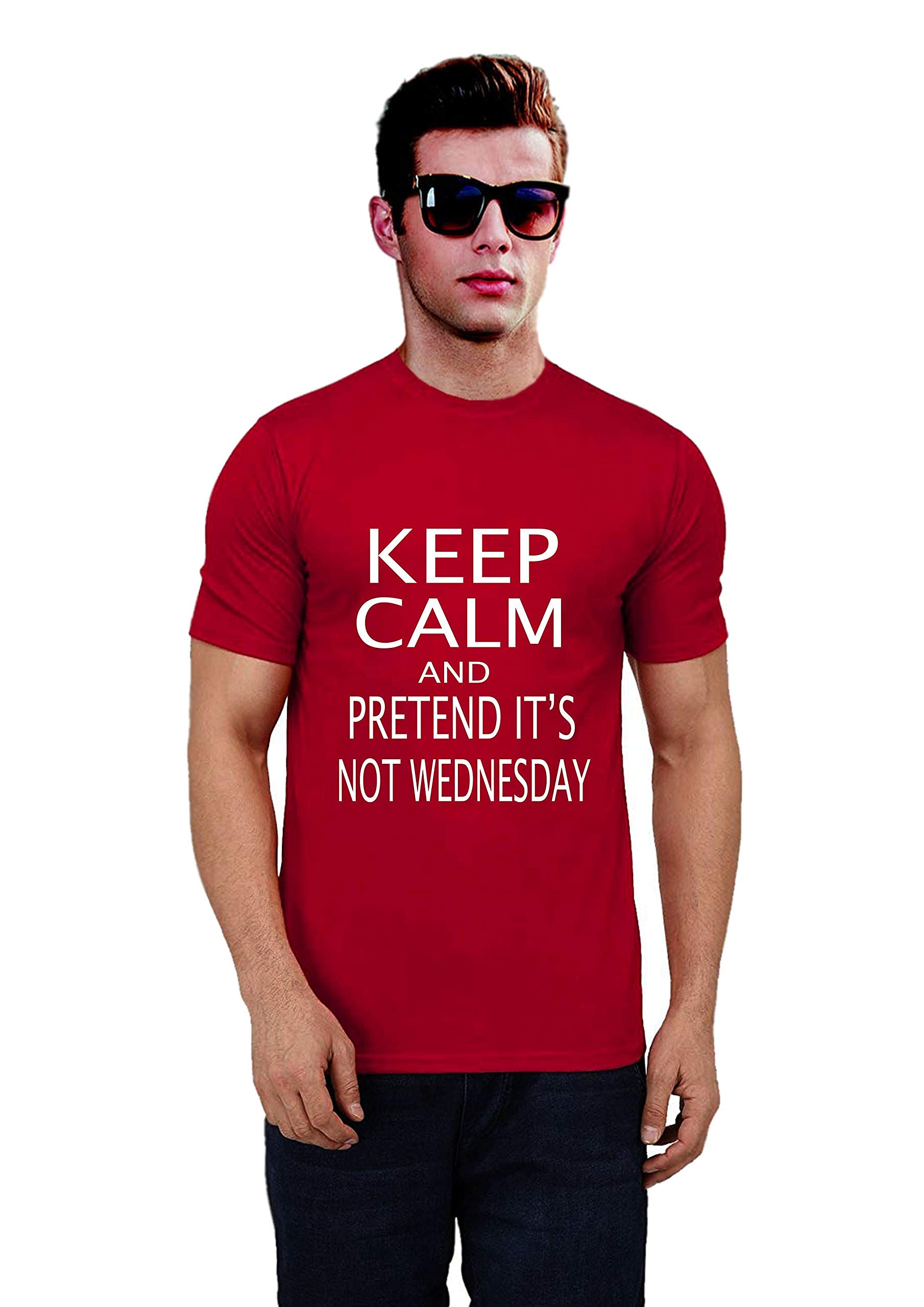Ritzees Unisex Printed Cotton T Shirt on Keep Calm and Pretend It's Not Wednesday Red