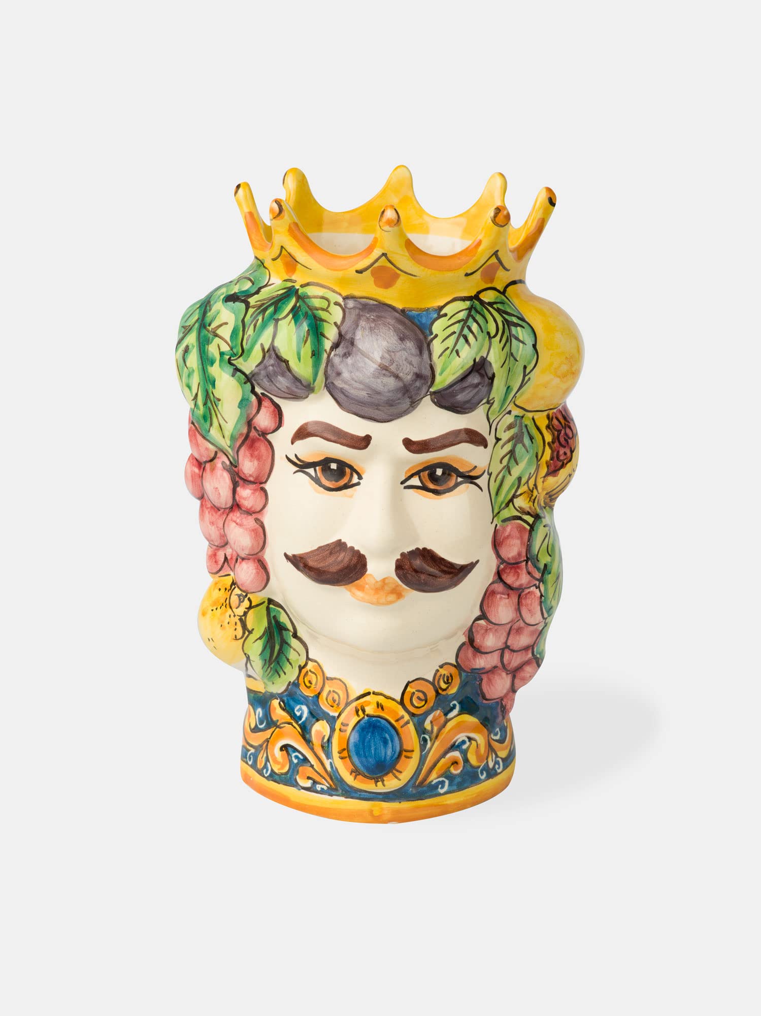 Terrecotte del Sole - Coppia Teste di Moro siciliane originali decoro frutta H 24 cm, realizzate e decorate a mano.