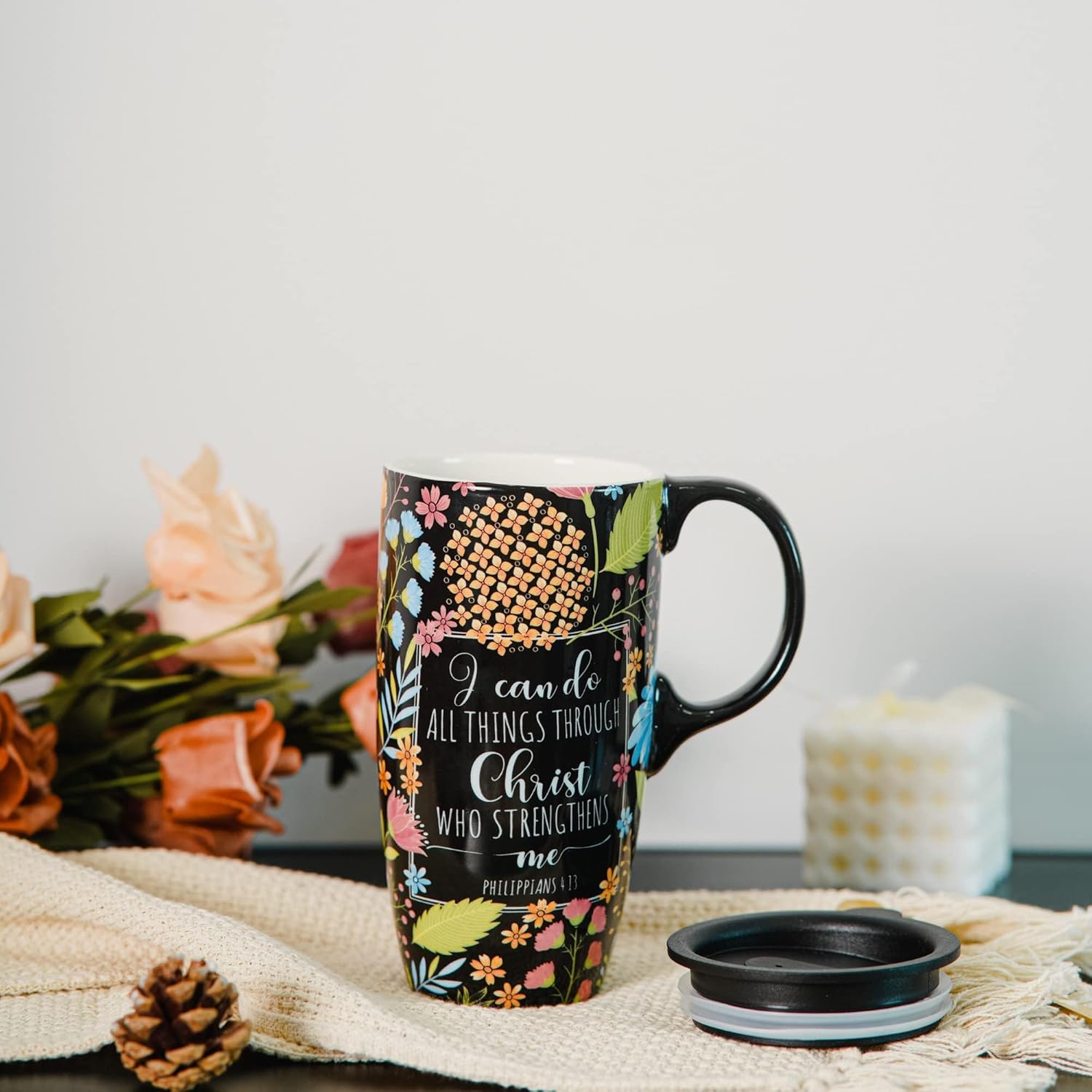 Topadorn Ceramic Travel Mug with Lid and Handle for Coffee Lovers, Ceramic Coffee Mug Latte Teacup Milk Mug in Color Box 17 Oz, Black Art Tea Mug - Image 9