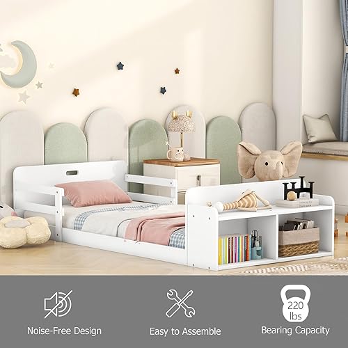 Miniatura 7 de Base de cama de plataforma de tamaño individual con estribo de almacenamiento y barandilla para niños, soporte de listones resistente, no necesita