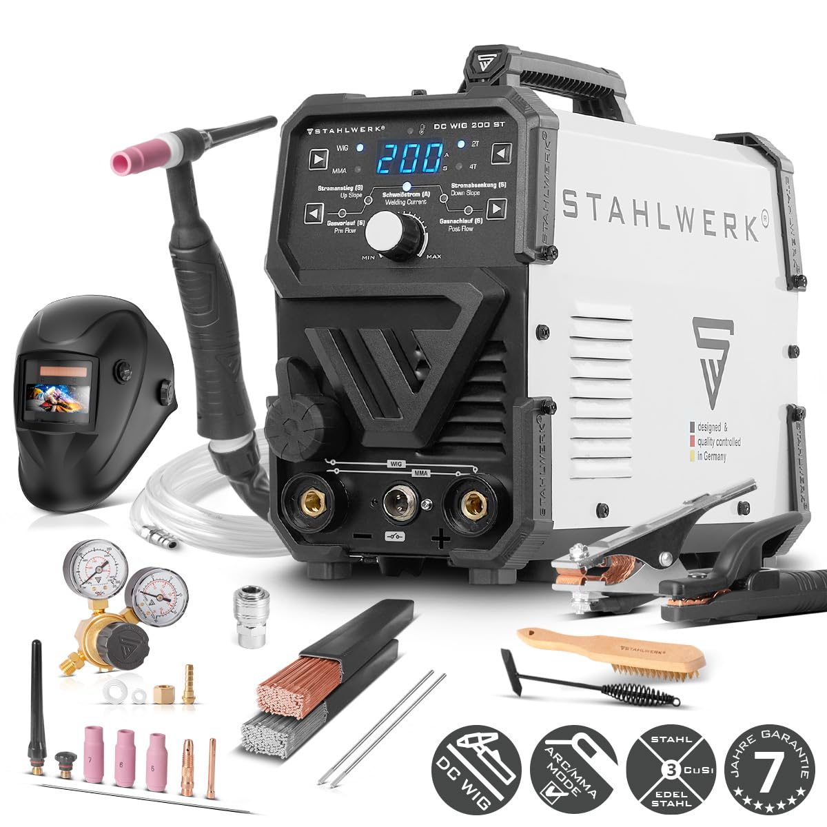 STAHLWERK Schweißgerät 2-in-1 Kombi DC WIG 200 ST – Vollausstattung – WIG & MMA-Funktion (E-Hand/ARC) bis 200A, HF-Zündung, Hotstart, Anti-Stick, Stahl, Edelstahl, Kupfer, Messing, kein Alu