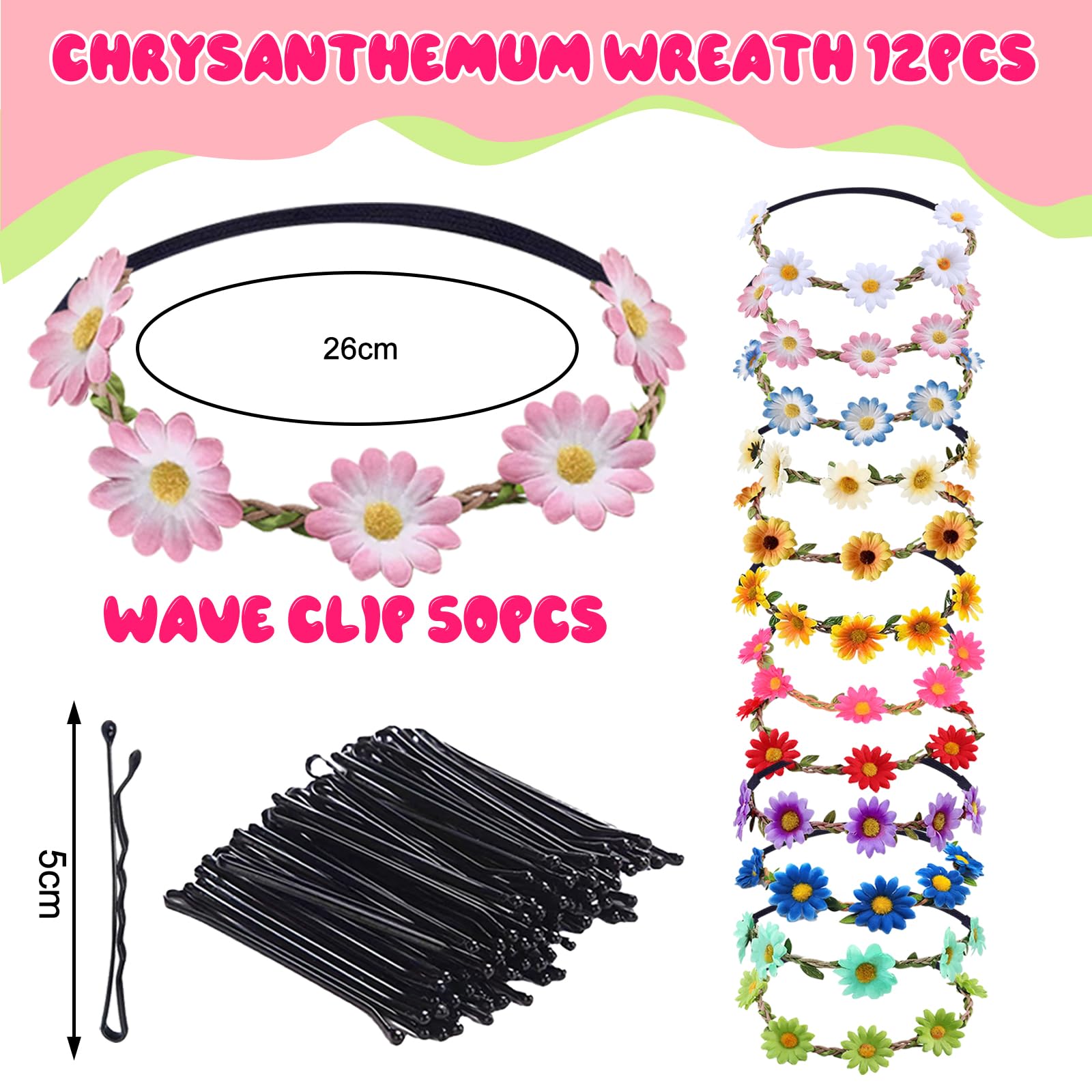 EDLMKM 12 Pcs FFlower Crown Headbands, FFlower Headbands for Women Daisy Flower Hair Band, Festival Hair Accessories - Image 2
