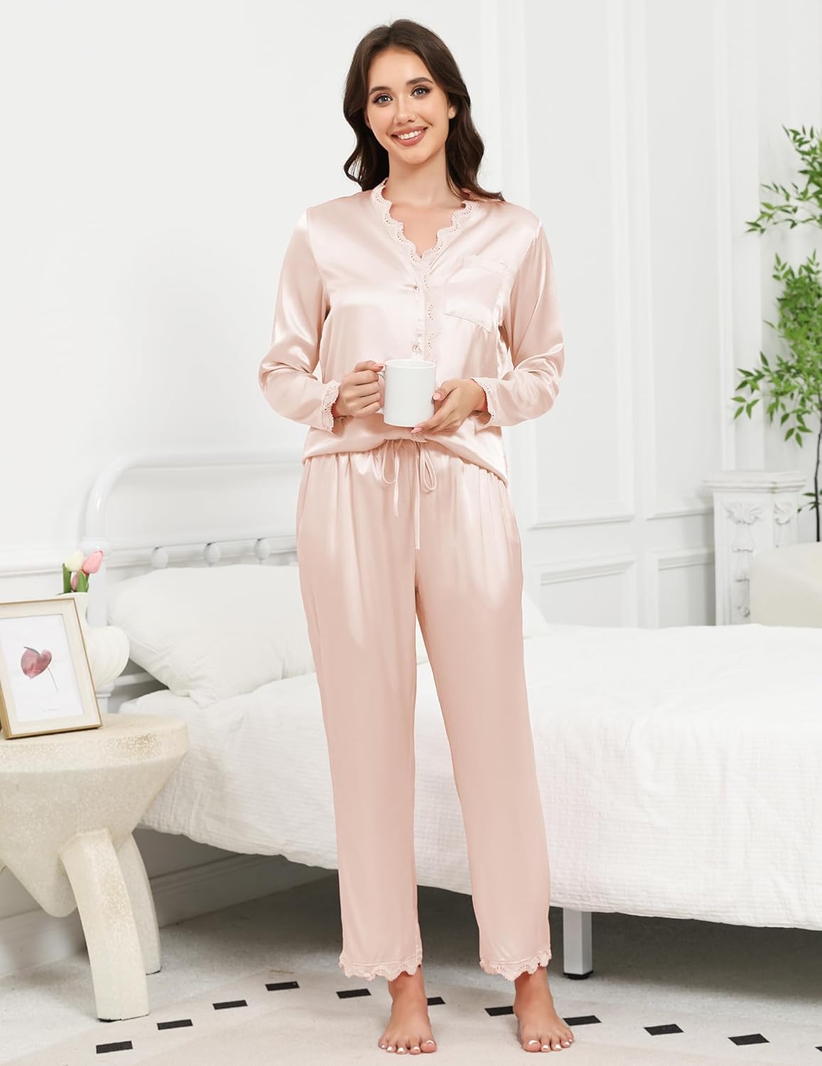 Womens Silk Pajamas Set Button Down 2 Piece Pjs Satin Long Sleeve and Pants Lace Sleepwear Lounge Set - Image 6
