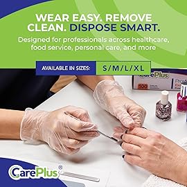 CARE PLUS Pro Vinyl Clear Gloves - Large Size, 100 Count | Latex-Free, Powder-Free, Heavy Duty, Non-Sterile, | Food Prep, Kitchen & Cleaning Gloves, Hair Coloring | Ideal for Professional Use