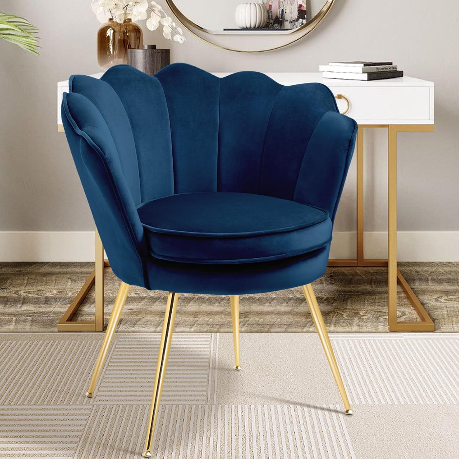 Czlolo Accent Chairs Set of 2 for Living Room, Velvet Upholstered Makeup Room Vanity Chair with Back, Golden Metal Legs Small Accent Side Chair for Bedroom, Cloud Chair Set, 2 Pcs Dark Blue