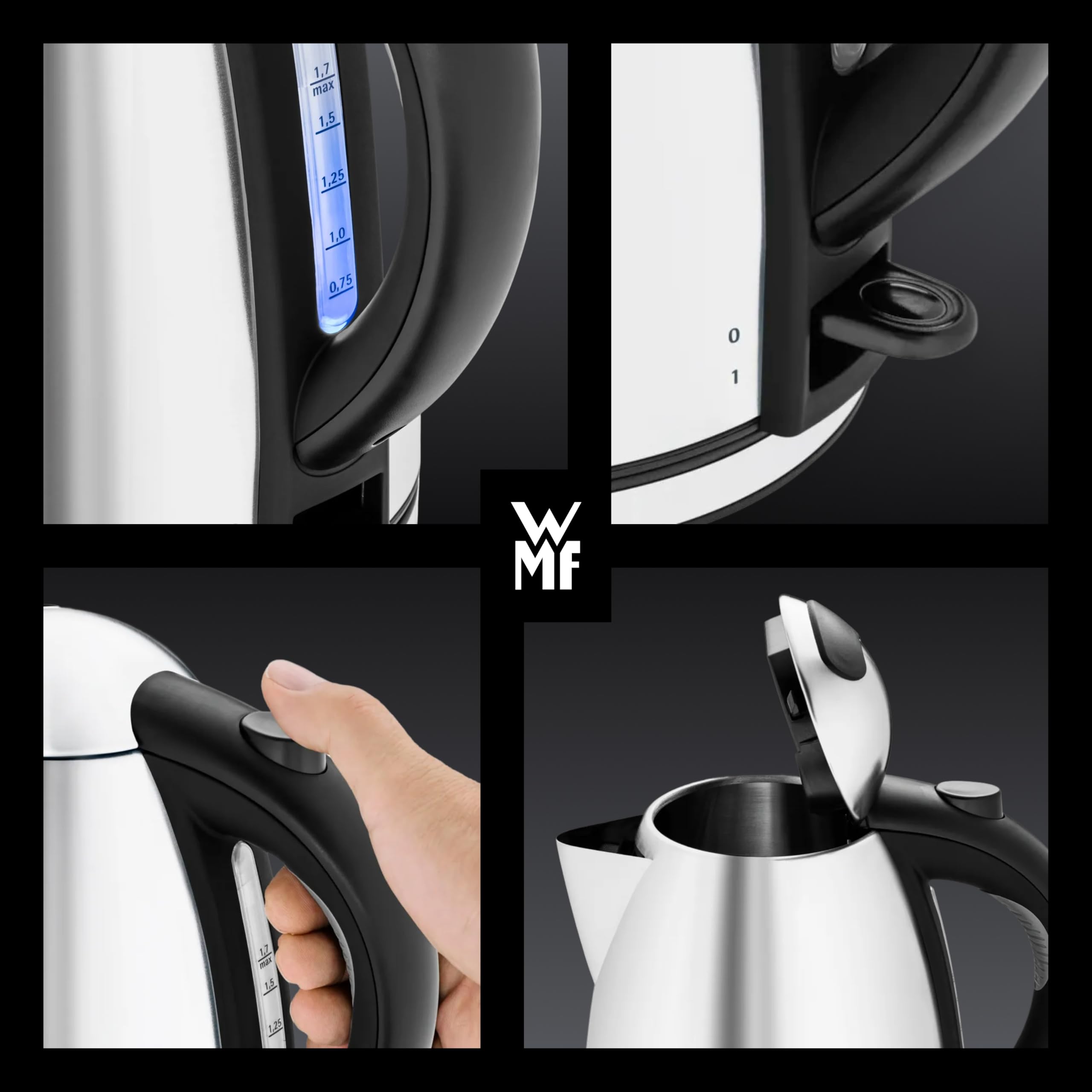 WMF Stelio Wasserkocher Edelstahl 1,7l, elektrischer Wasserkocher mit Kalkfilter, 2400 W, Wasserstandanzeige beleuchtet, Überhitzungsschutz, edelstahl matt silber