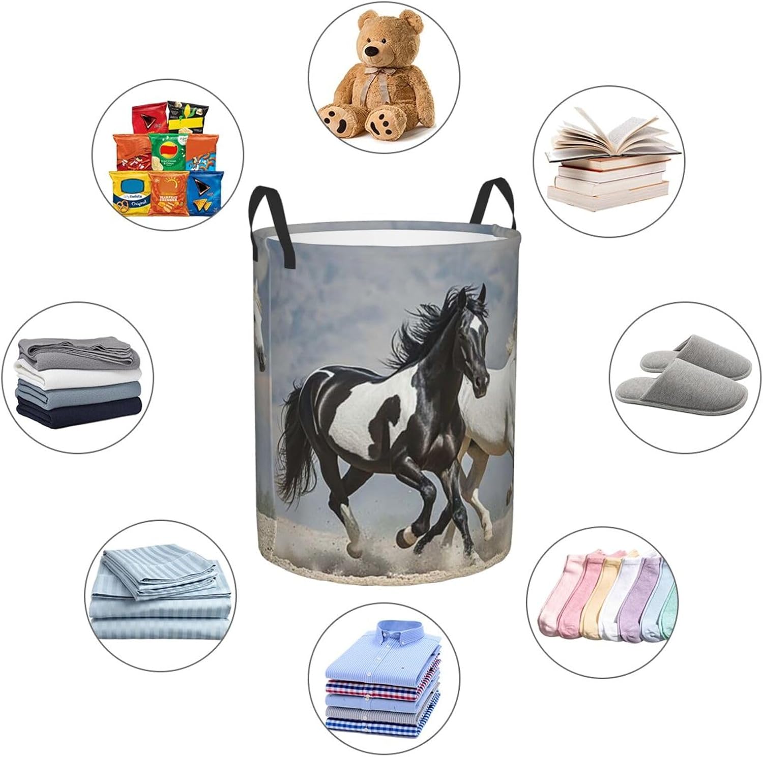 Laundry Hamper Waterproof Storage Bin Organizer with Handles Black and White Horses Running Laundry Basket Collapsible Dirty Clothes Hamper for Bathroom Bedroom Medium